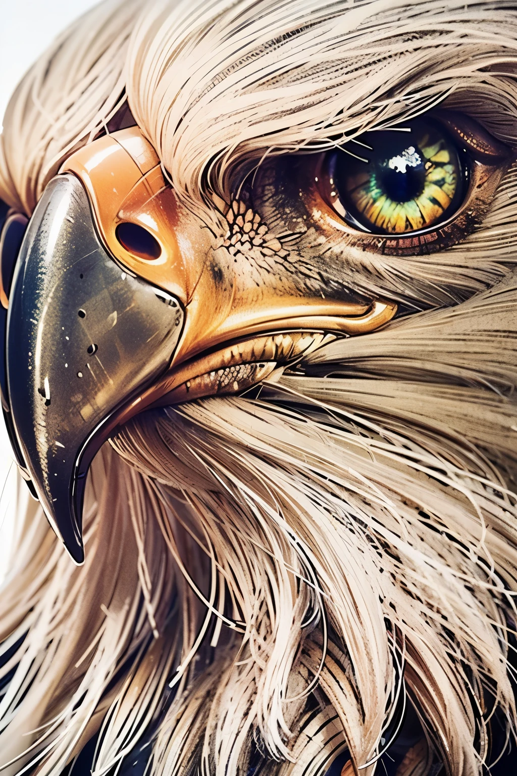 a close up of a majestic life-like American bald eagles head as it looks into the distance, a bold American flag waves prominently in the background