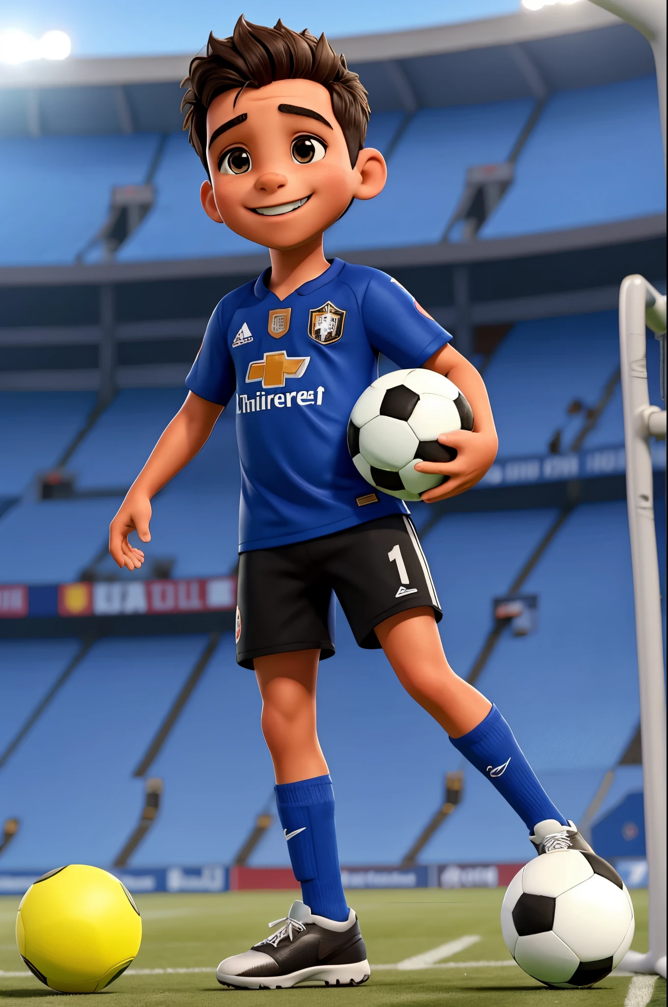 feliz com roupa de futebol chutando uma bola de futebol