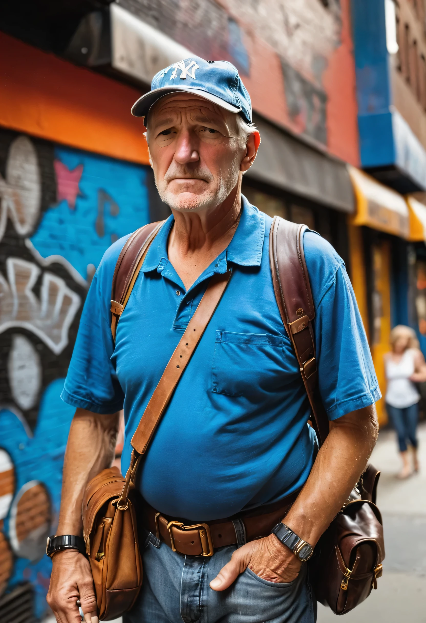 A 50-year-old American man wearing a worn-out baseball cap strolling down a bustling New York City street, his weathered face reflecting years of experience and wisdom, carrying a leather messenger bag slung over his shoulder, graffiti-covered walls and vibrant street art decorating the surroundings, capturing the man's contemplative expression amidst the urban chaos, Photography, using a DSLR camera with a 50mm prime lens, f/2.8 aperture