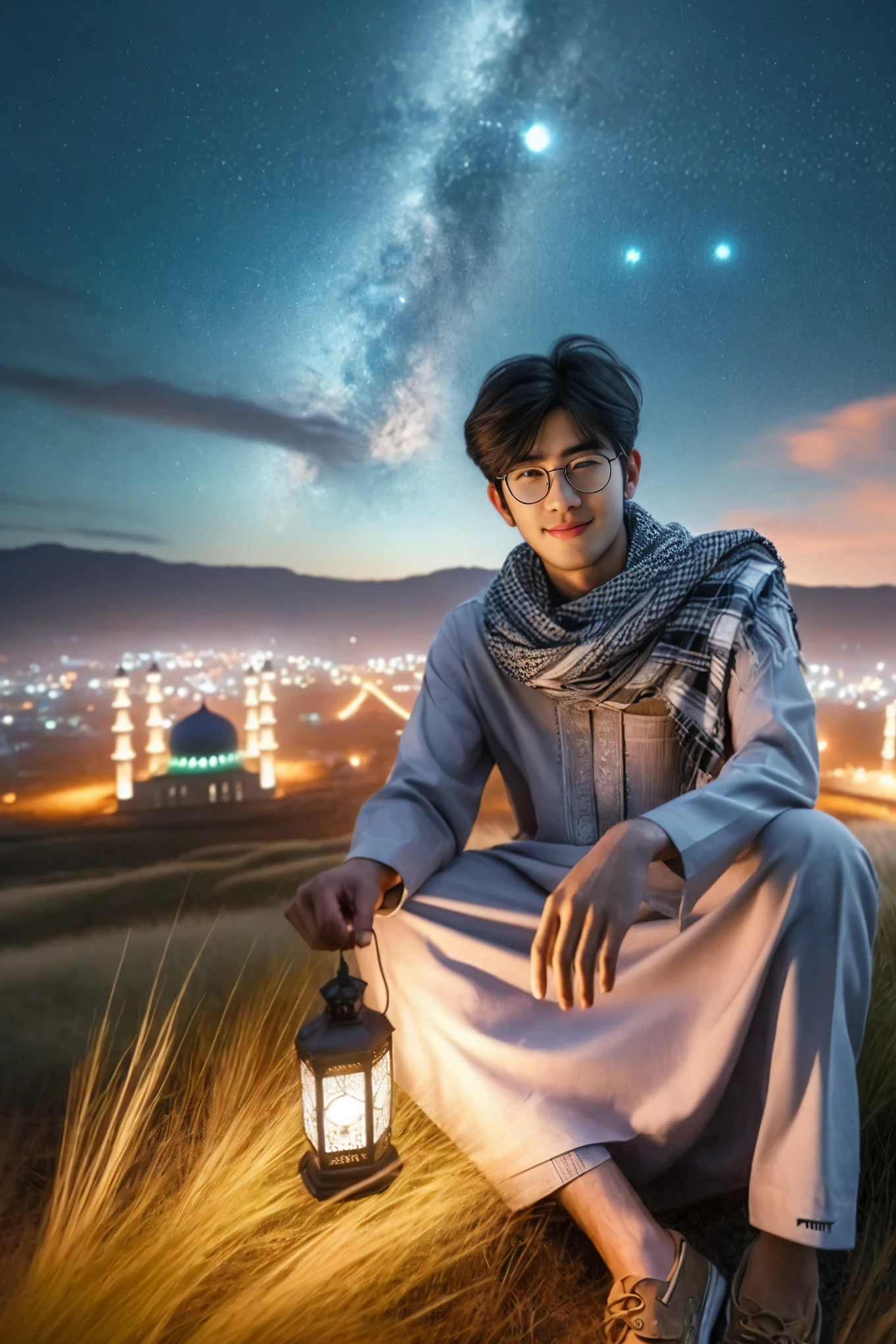 arafed man sitting on a hill with a lantern and a night sky, profile picture 1024px, mid shot portrait, portrait shot, high quality portrait, ash thorp khyzyl saleem, khyzyl saleem, brandon woelfel, edited in photoshop, inspired by Amir Zand, medium shot portrait, ✨🕌🌙