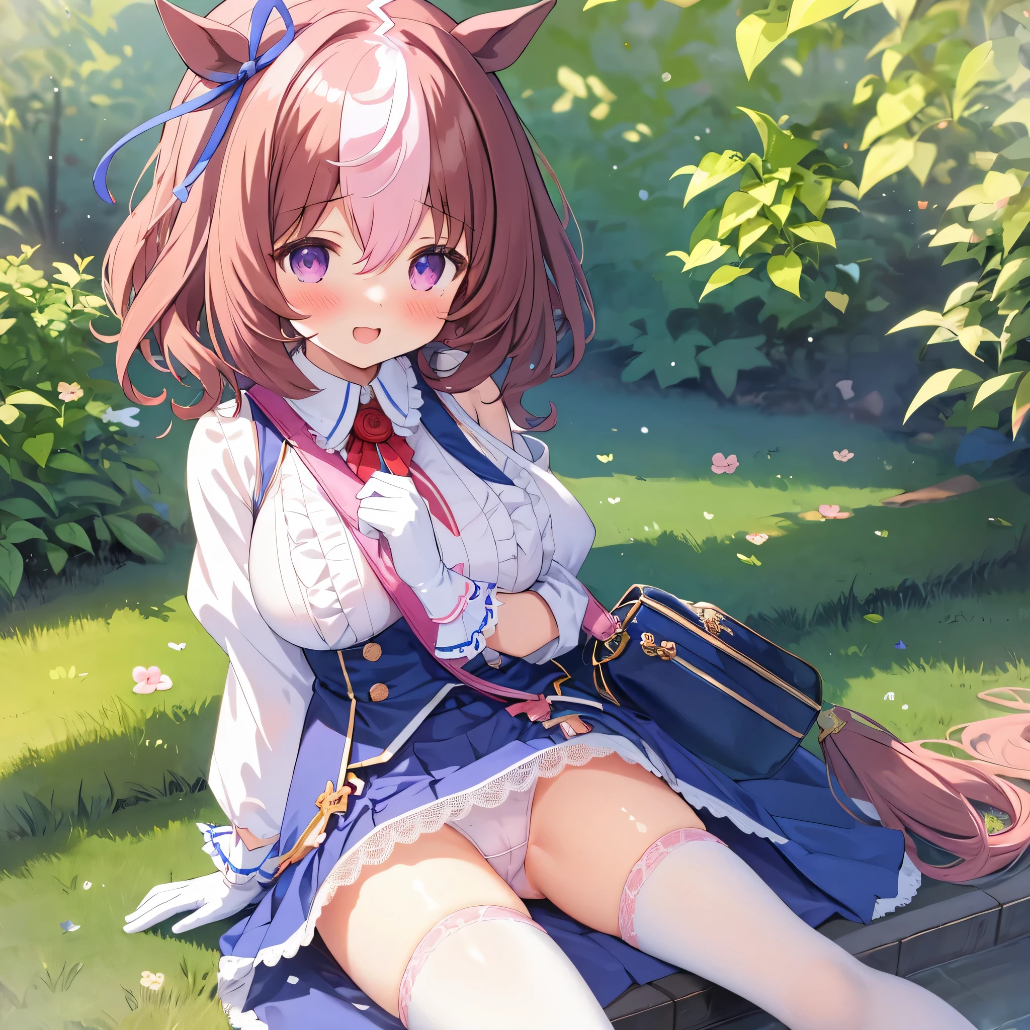 masterpiece, highest quality, 1 girl, small ,young mayshoudou, blue skirt, shirt, horse tail, blue clothes, blue ear ribbon, ribbon, white legwear, frilled shirt collar, white gloves, pink hair band, Shoulder bag,smile,blush,sit with legs apart,lace panties,huge breasts,open your legs,Panties are transparent、my panties get wet、large amount of love juice、Mushy white love juice、My clothes are transparent、nipple、pussy、please sit down、big ass
