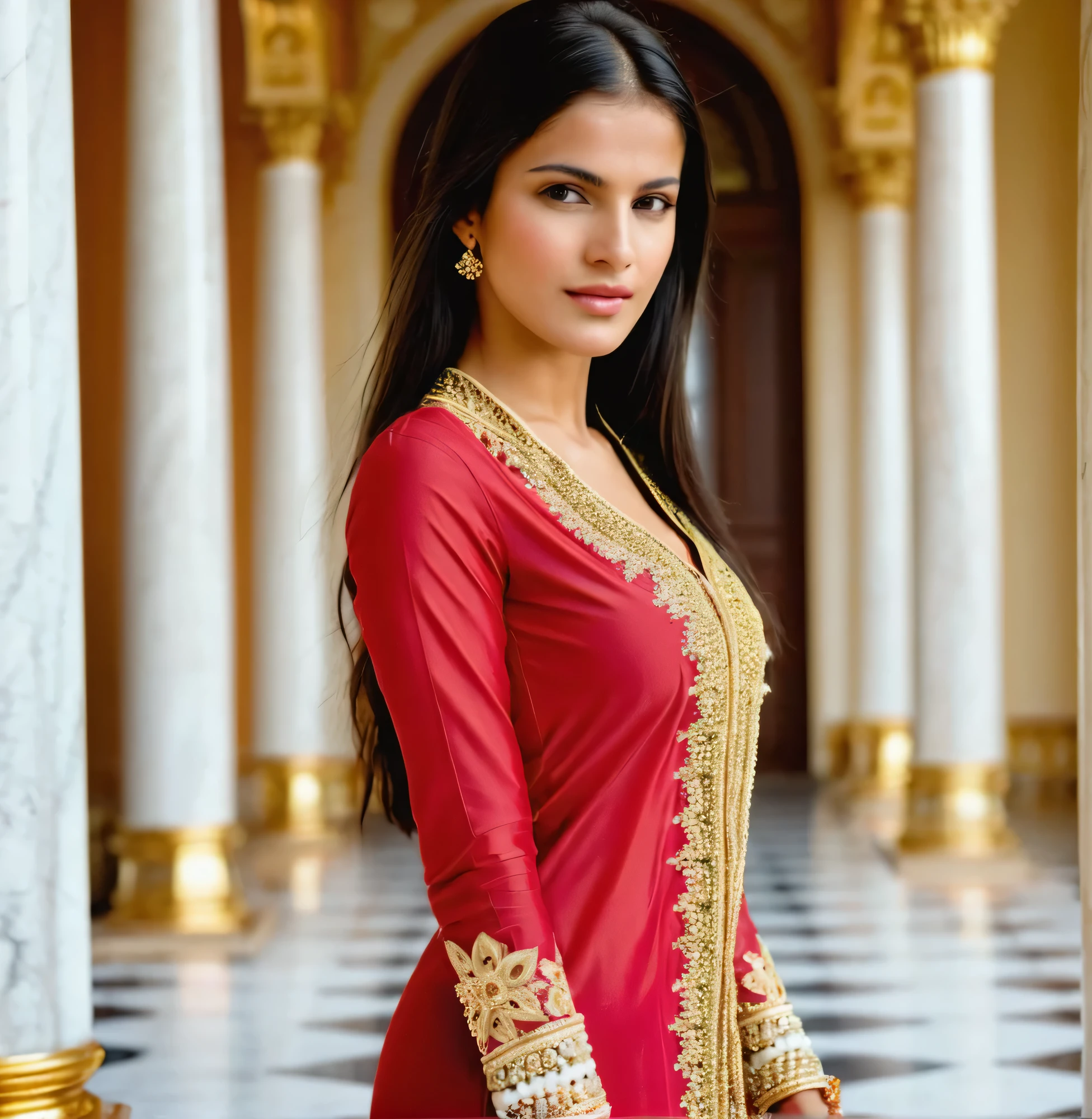 25 year old girl in classic Indian outfit., her outfit is decorated with gold embroidery and beads, graceful patterns on the fabric emphasize its elegance, in the background you can see a luxurious palace with marble columns, creating an atmosphere of luxury and grandeur, Photo, medium format lens, focus on the details of the girl&#39;s outfit and face, --with 16:9 -- at 5