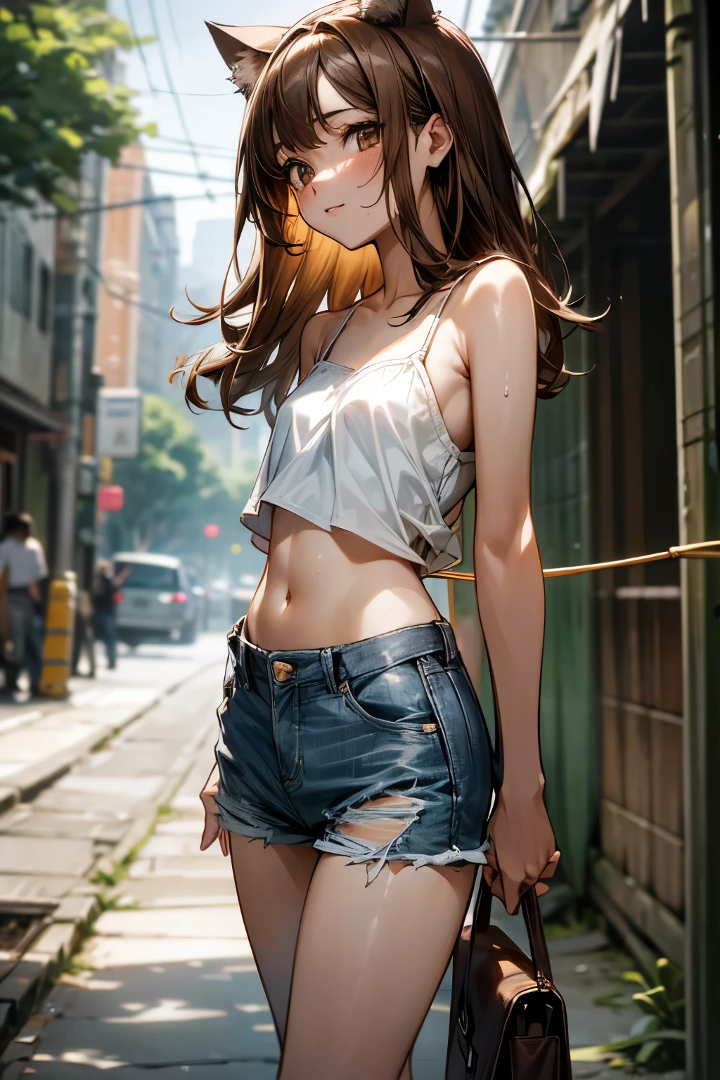 realistic photo, best possible quality, night, street with alley and graffiti on the walls, young woman, 20 years old, brunette with brown eyes, large hoop earrings, very short silver hair, perfect body, well-defined hips, nude naked small breasts, she only wears open denim shorts that show the black panties, sensual and mischievous look, makeup