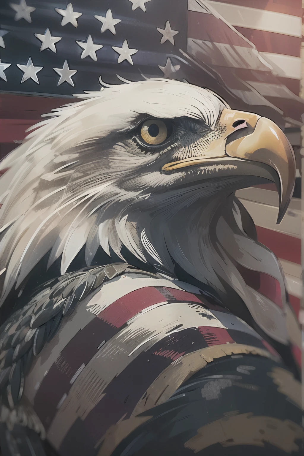 a close up of a majestic life-like American bald eagles head as it looks into the distance, a bold American flag waves and fills the background, dynamic lighting, bold lines