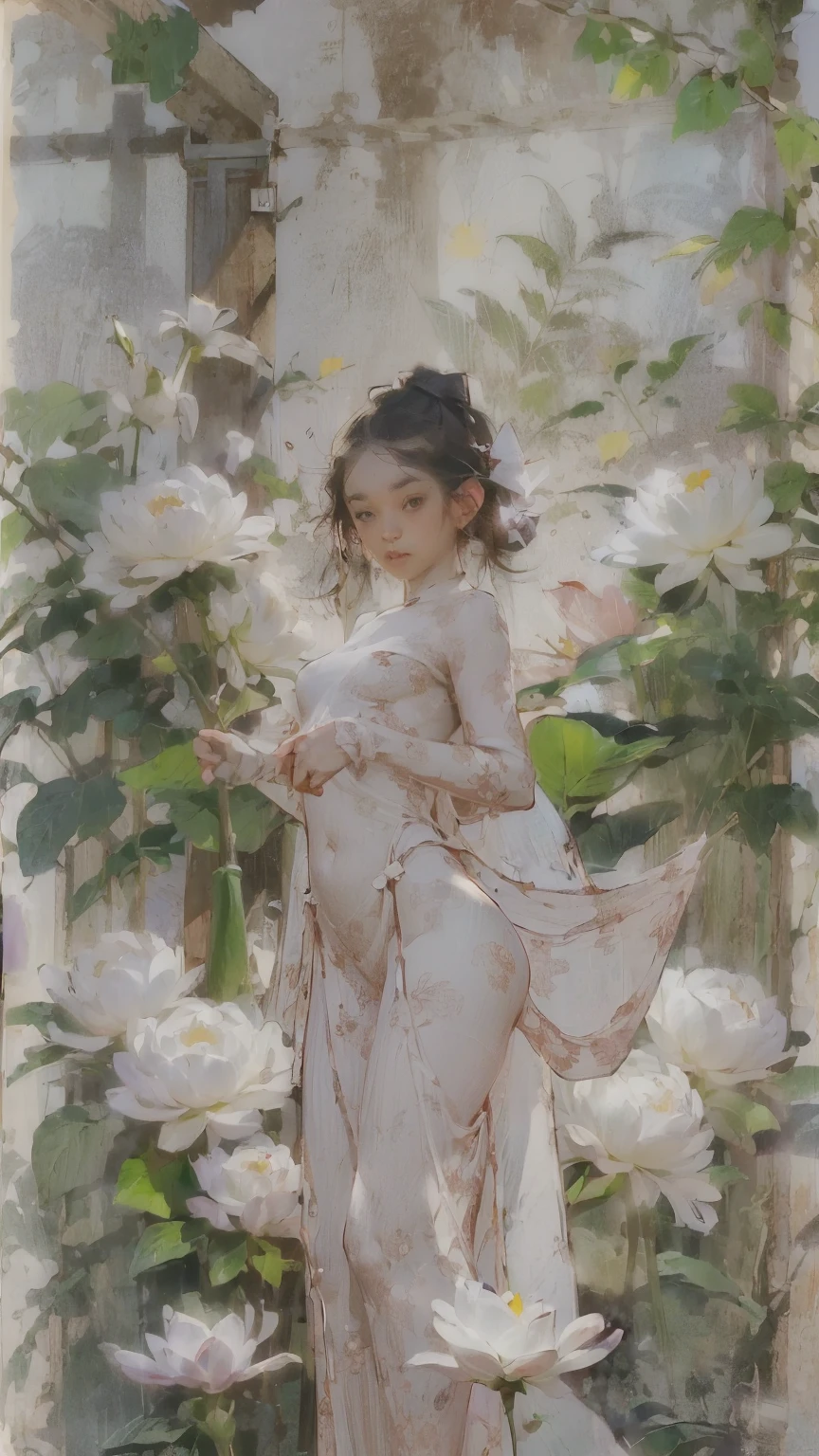((Create), (female naked body, fantastic space), (flowers, chrysanthemum lilies, peonies, 1 full-length solo girl, beautiful breasts), (girl, bare shoulders, (ecchi0.5), lips, splash of water, (Flowers:0.6), (birds:0.2), (bamboo0.1), (lakes), (very beautiful, naked girl, full growth, relaxed pose, slight turn of the body, facing the viewer, small breasts), (clear chiaroscuro , soft warm shadows, contrasting cold light)). ((Background - fantastic space, flower garden, graphic clear line, stylized - graphic, (lily flowers, peonies, chrysanthemums), (color fill, clear graphicodern style modern, very beautiful young girl)).((High quality, masterpiece)).
