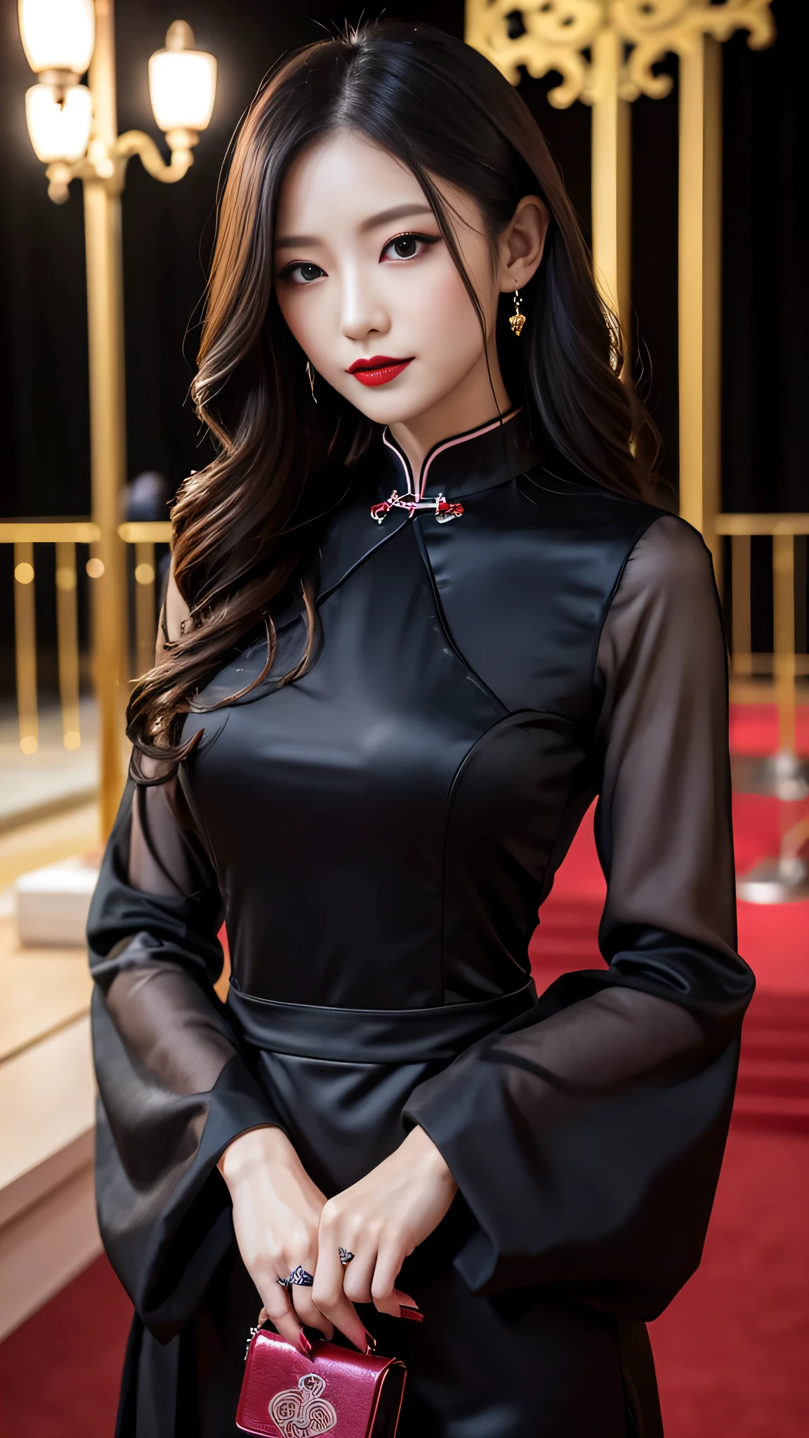 Super detailed、Japanese、charming beauty、seductive adult woman、Beautiful woman、sharp eyes、cool girl、wavy hair、long black cheongsam、wide sleeve、evilの幹部、evil depravity、brainwashing、Mind control、apply lipstick、grin、evilな表情、evil、empty eyes、evil、church at night、vampire、vampire、Hypnosia makeup brush