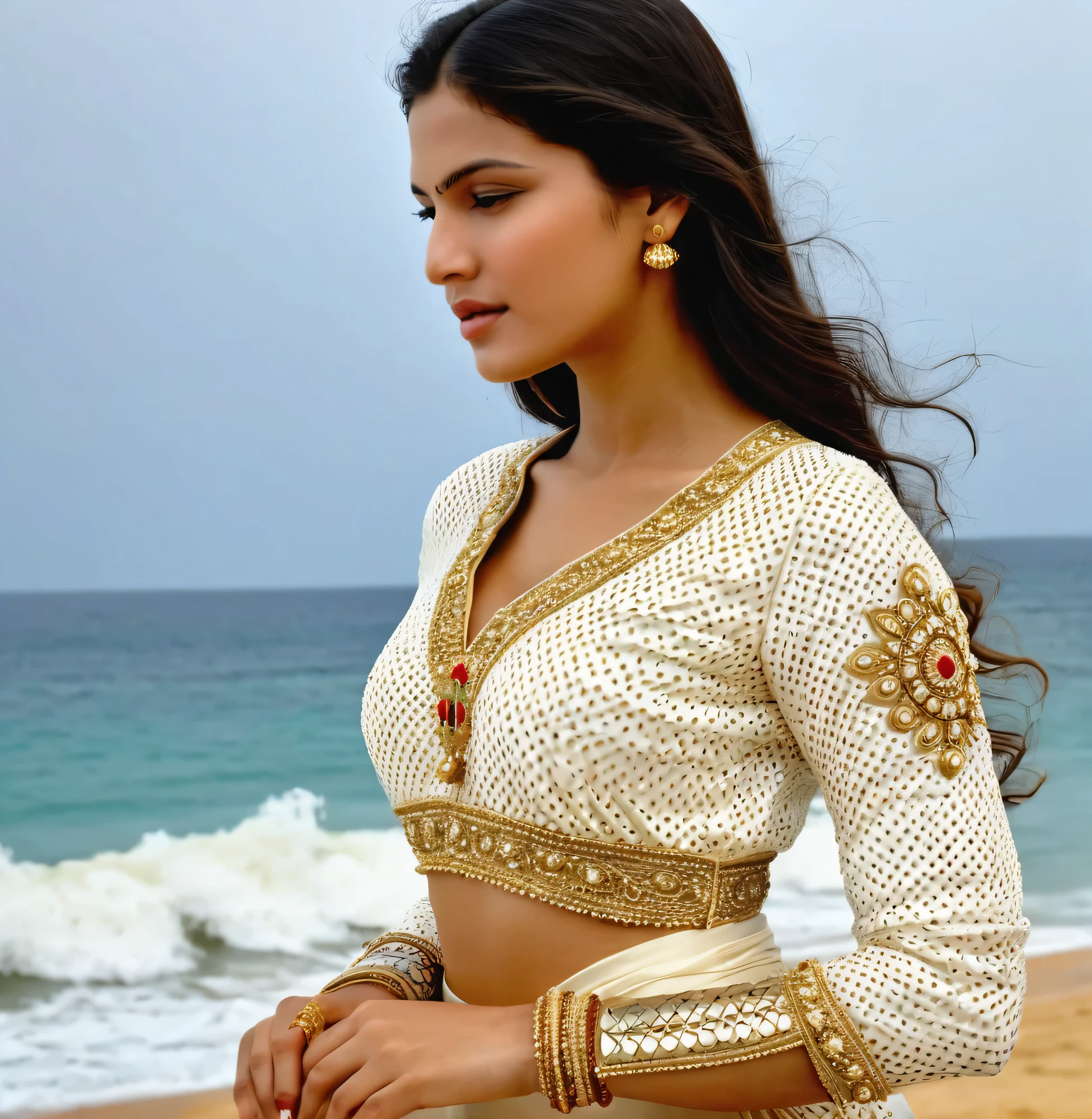 25 year old girl in classic Indian outfit., her outfit is decorated with gold embroidery and beads, graceful patterns on the fabric emphasize its elegance, in the background you can see the sea with high waves, creating an atmosphere of luxury and grandeur, Photo, medium format lens, focus on the details of the girl&#39;s outfit and face, --with 16:9 -- at 5