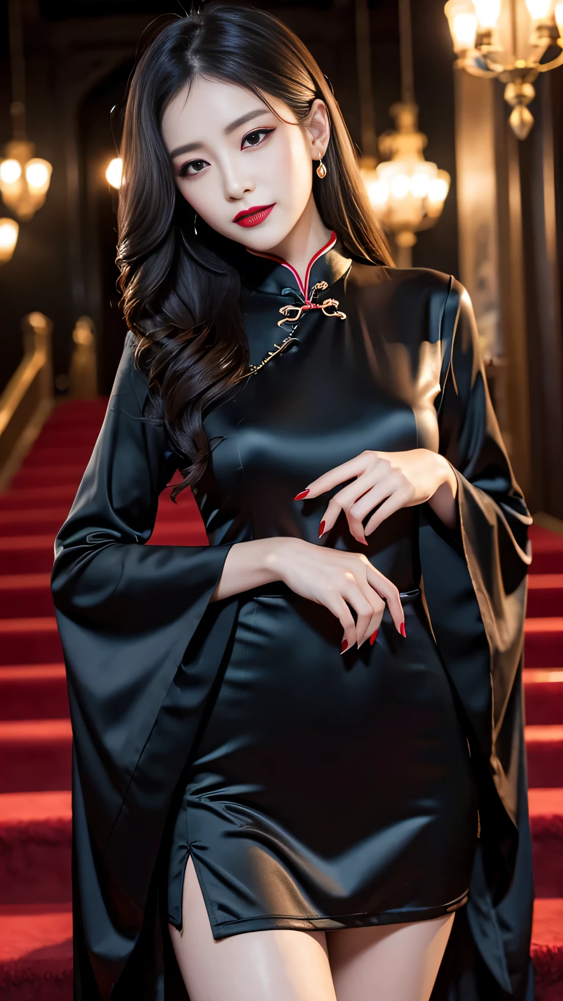Super detailed、Japanese、charming beauty、seductive adult woman、Beautiful woman、sharp eyes、cool girl、wavy hair、long black cheongsam、wide sleeve、evilの幹部、evil depravity、brainwashing、Mind control、apply lipstick、grin、evilな表情、evil、empty eyes、evil、church at night、vampire、vampire、Hypnosia makeup brush