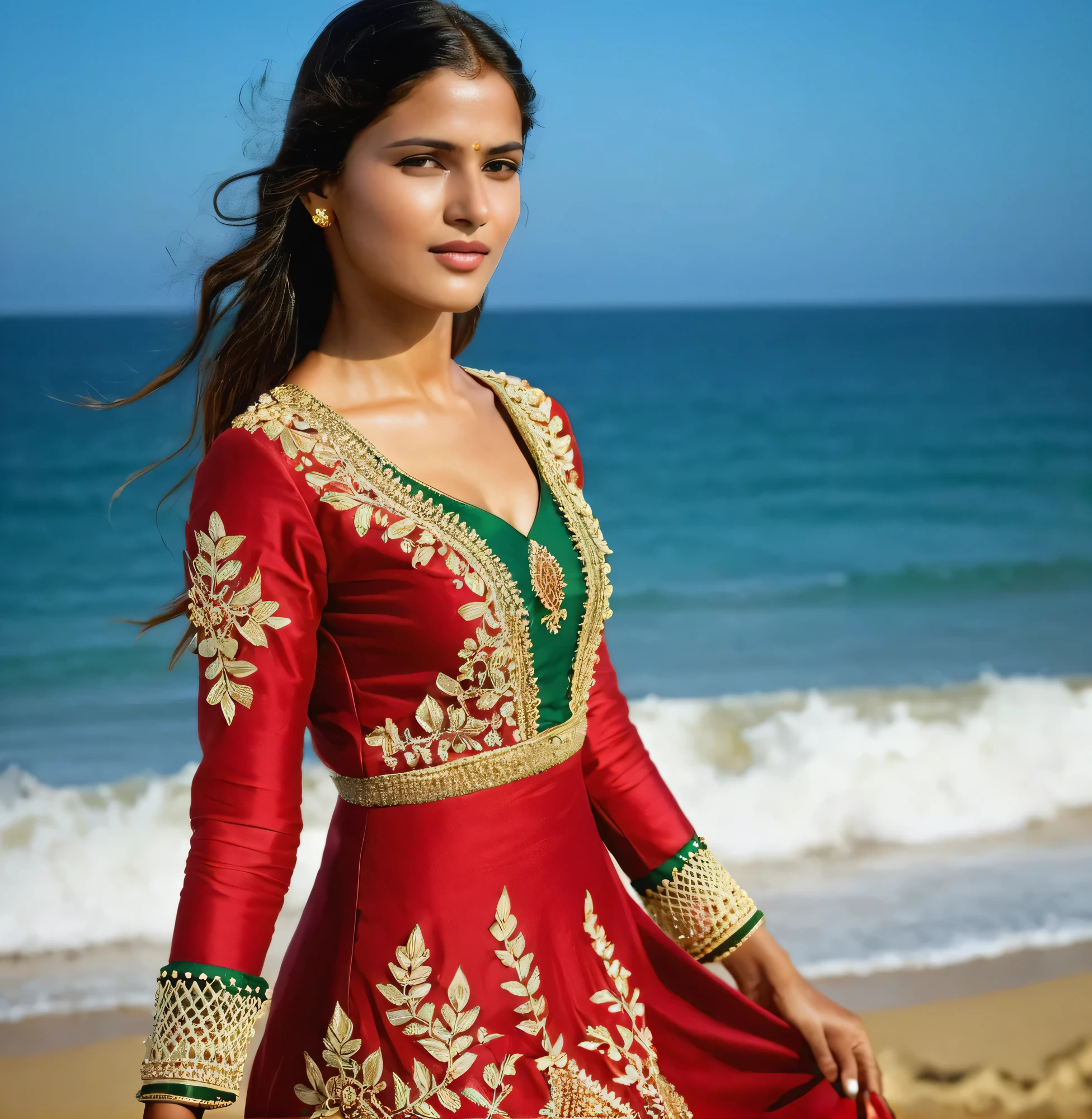 25 year old girl in classic Indian outfit., her outfit is decorated with gold embroidery and beads, graceful patterns on the fabric emphasize its elegance, in the background you can see the sea with high waves, creating an atmosphere of luxury and grandeur, Photo, medium format lens, focus on the details of the girl&#39;s outfit and face, --with 16:9 -- at 5