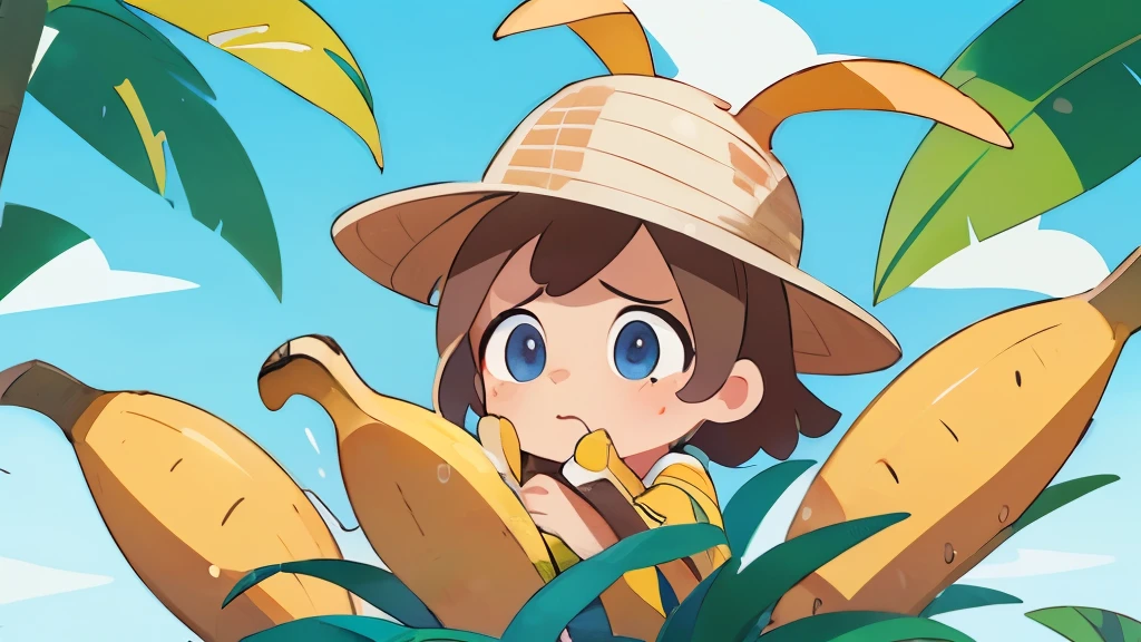 supper sad, banana hat, bananas background pattern, banana tree, blueish background, high detailed, fornite banana costume, shooting, explosion, high contrast, high saturation, guns, bananas, crying, big eyes, in a close view, front, girly brown hair, blue eyes