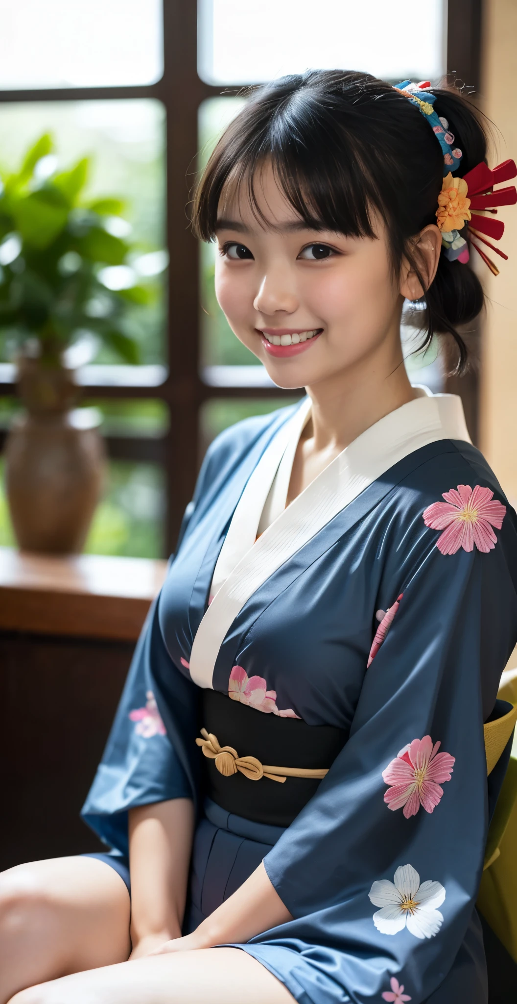 （8k、Raw photography、highest quality、masterpiece：1.2),(black haired、very short hair:1.8),(short twin tails:1.4)、show viewer,Looking at the front,erotic,white skin,(Wearing a kimono with a colorful floral pattern:1.7)、()、(Clothing that emphasizes the shape of your chest、publish one&#39;Skin:1.4)、(big breasts :1.2)、slim body shape、ultra high resolution,beautiful,beautiful fece,(alone、no background:1.9),whole bodyボディー,japanese woman,（Photoreal：1.37）、photon mapping,reality、(Baby-faced and cute: 1.0)、(cute smile: 1.7)、(With a round face: 1.7)、radio city、Physically based rendering、depth of field rally background、photograph, (I can see your knees,close up of thighs:1.5),whole body、super fine