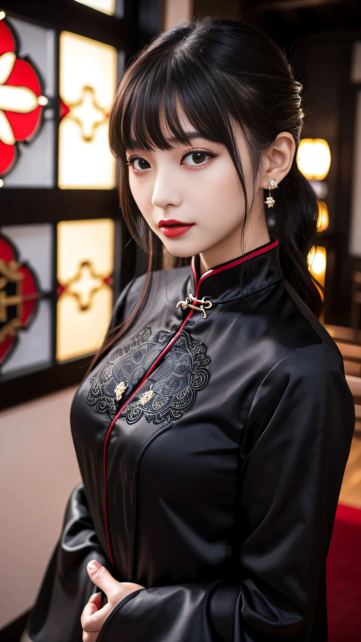 Super detailed、Japanese、charming beauty、seductive adult woman、Beautiful woman、sharp eyes、cool girl、wavy hair、side ponytail、long black cheongsam、wide sleeve、evilの幹部、evil depravity、brainwashing、Mind control、apply lipstick、grin、evilな表情、evil、empty eyes、evil、church at night、vampire、vampire、Hypnosia makeup brush