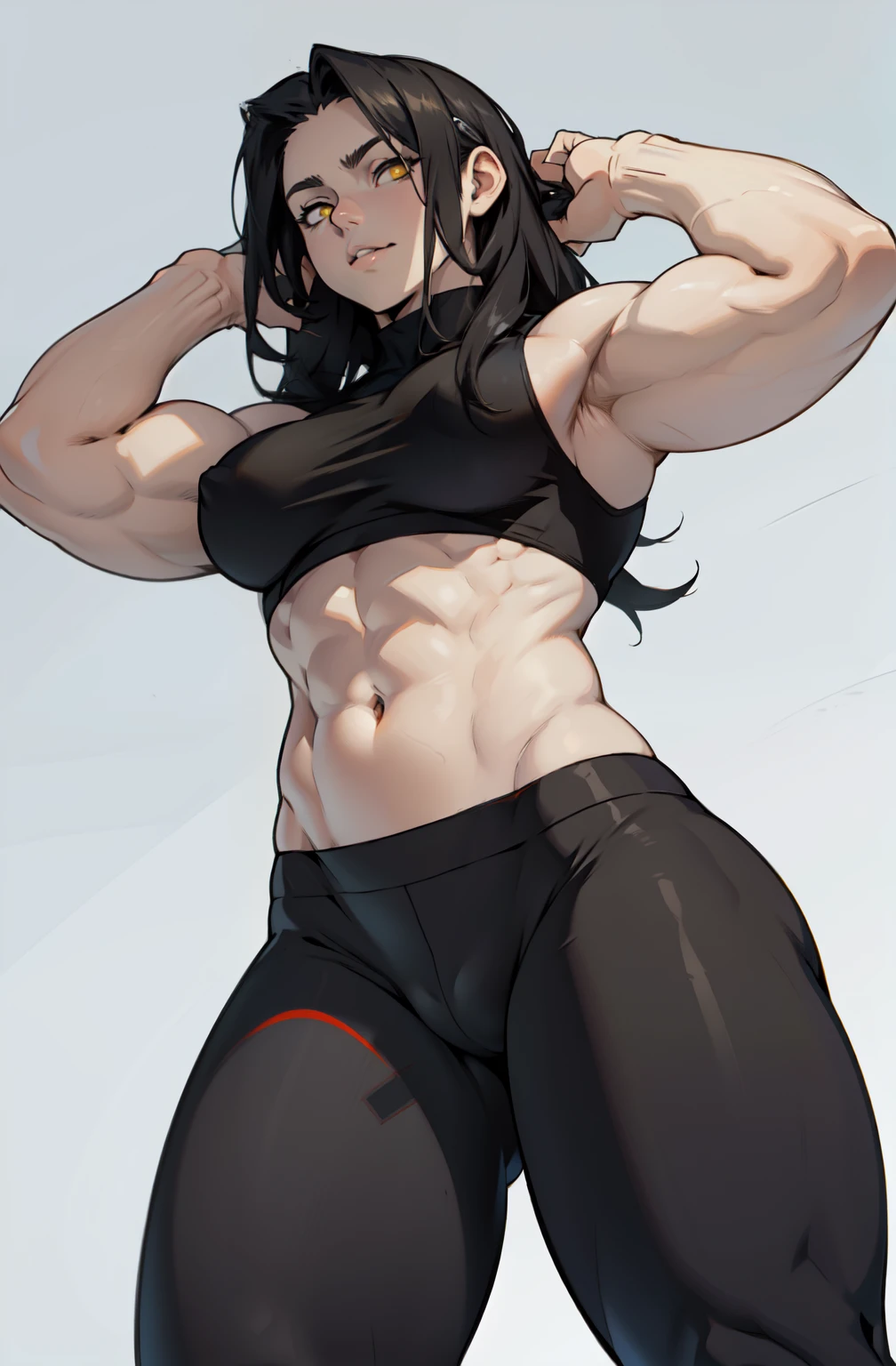 1girl pale skin muscular toned body black hair yellow eyes long hair huge muscles leggings muscles simple background ((from below)) breasts