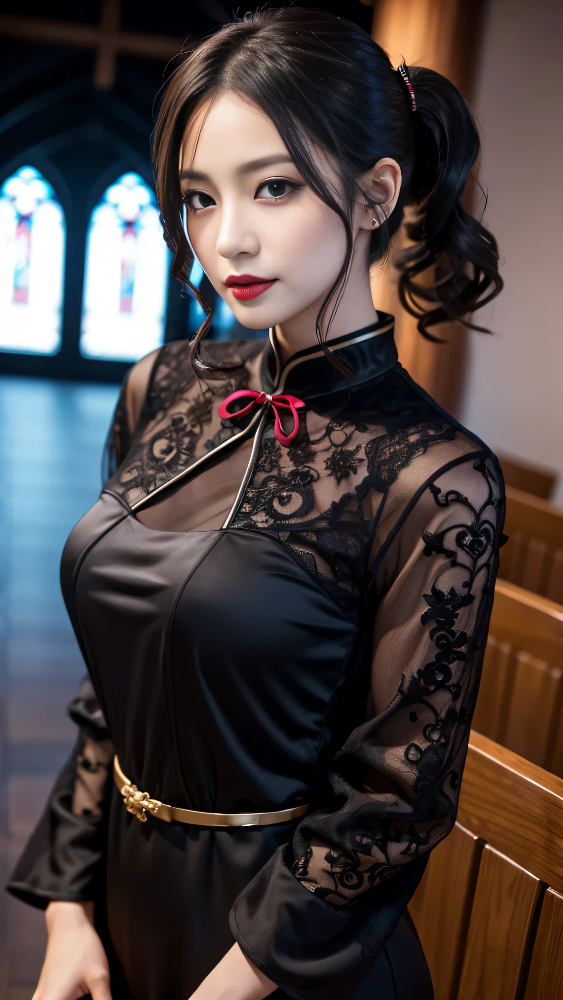 Super detailed、Japanese、charming beauty、seductive adult woman、Beautiful woman、sharp eyes、cool girl、wavy hair、side ponytail、long black cheongsam、wide sleeve、evilの幹部、evil depravity、brainwashing、Mind control、apply lipstick、grin、evilな表情、evil、empty eyes、evil、church at night、vampire、vampire、Hypnosia makeup brush
