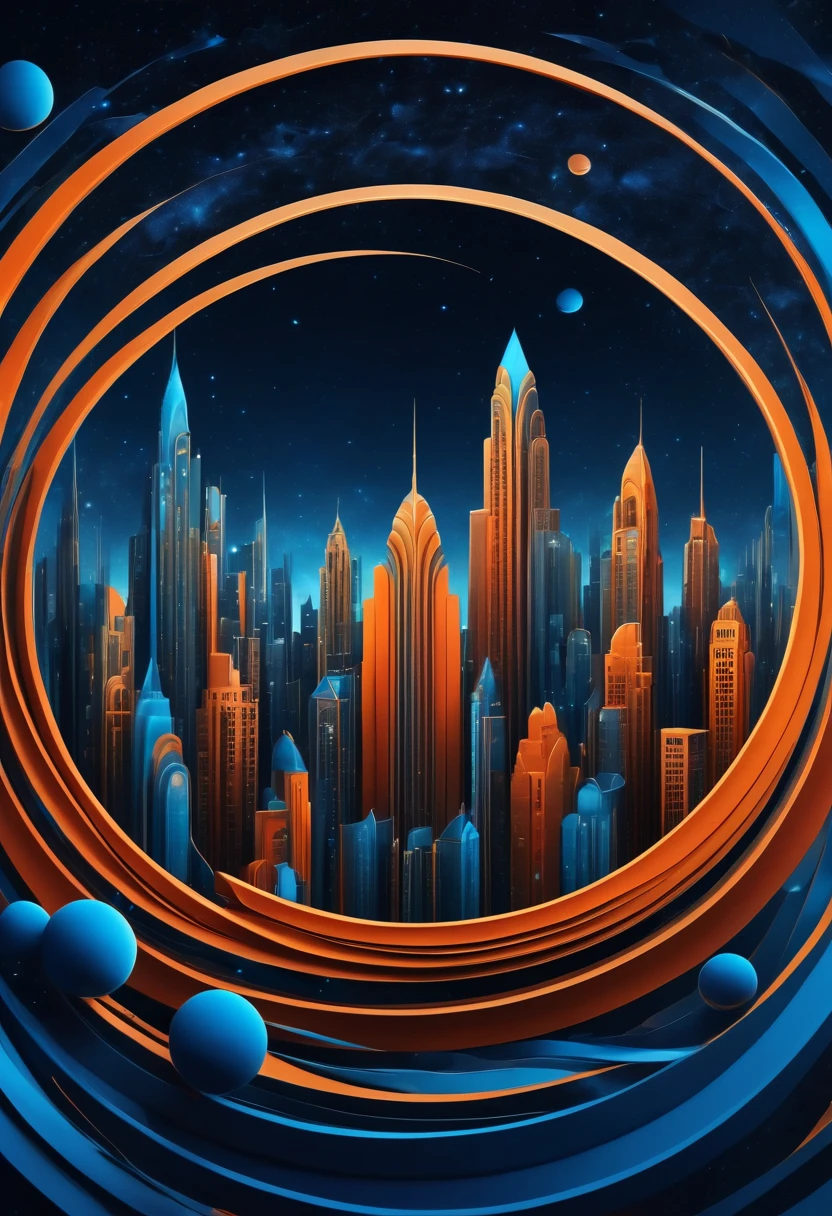 (best quality, highres, ultra sharp), city inside a infinite Magic Circle, dark tones of orange, brown, blue, and gray colors, about the curvature of space time, art deco, 3d crunch,