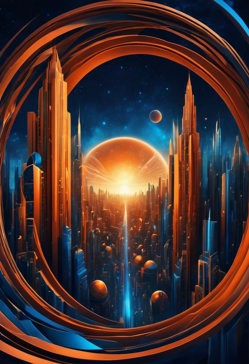 (best quality, highres, ultra sharp), city inside a infinite Magic Circle, dark tones of orange, brown, blue, and gray colors, about the curvature of space time, art deco, 3d crunch,