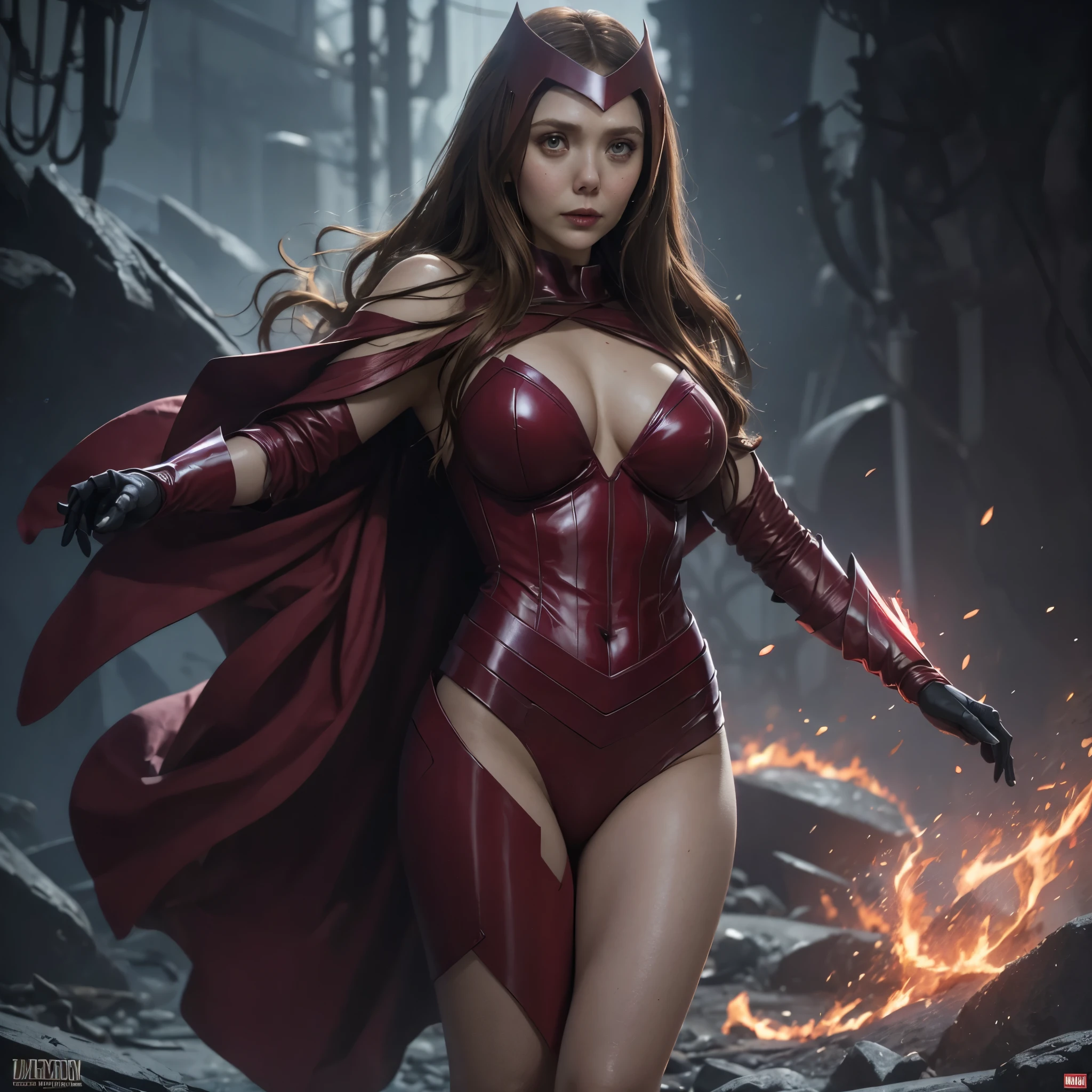 Dark_Fantasy, (Scarlet Witch, Red: 1.1), Elizabeth Olsen, 1 Person, Standing Full Figure, Mechanical Marvel, Robot Presence, huge breast, down blouse, naked legs , beautiful face, beutiful eyes 