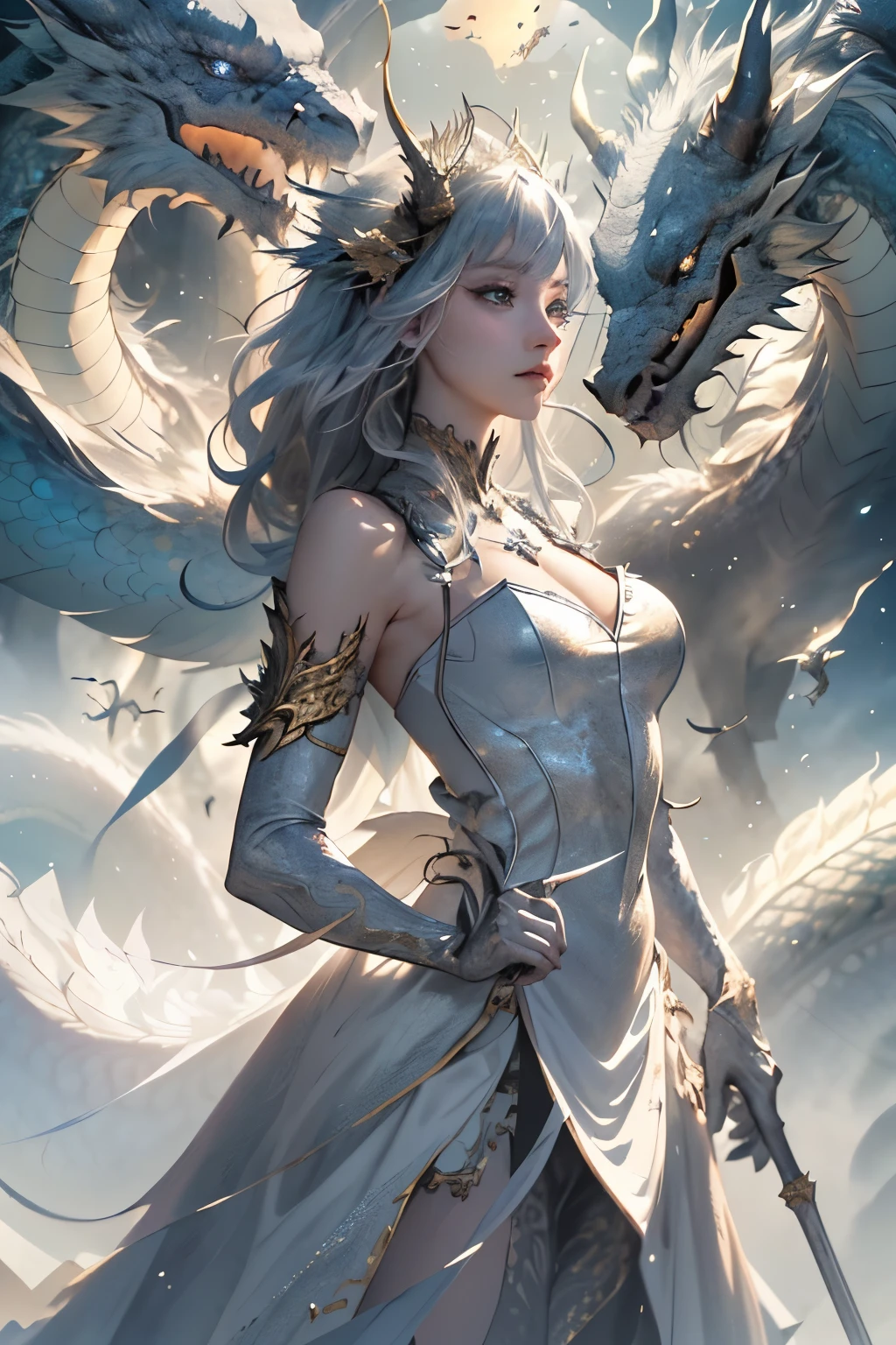 (no explanation) silver-haired dragon girl, detailed eyes, detailed lips, long eyelashes, shiny scales, majestic pose, flying in the sky, fire-breathing, fantasy world, mythical creature, vibrant colors, ethereal lighting, high-res masterpiece:1.2, magical atmosphere, mystical aura, breathtaking scenery, dragon wings, elegant and graceful, surreal landscape, intricate details, otherworldly beauty, enchanting presence, powerful and regal, silver and gold accents, mesmerizing gaze, flowing mane, mythical beast, legendary guardian, epic fantasy