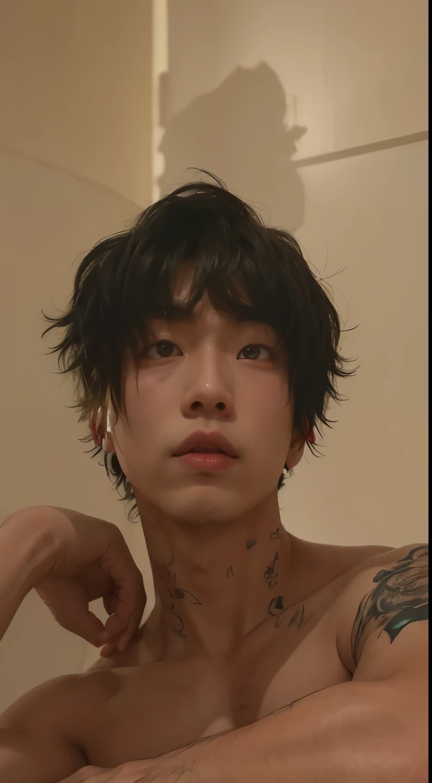 Man with tattoos on chest and neck, cute japanese demon boy, asian man, taejune kim, musculoso coreano de 2 a 1 anos, Jinyoung Shin, detailed face of an asian boy, 18 anos de idade, Jinyoung Shin aesthetic, short hair on top of the head, inspirado em Yanjun Cheng, ele tem cerca de 2 0 anos