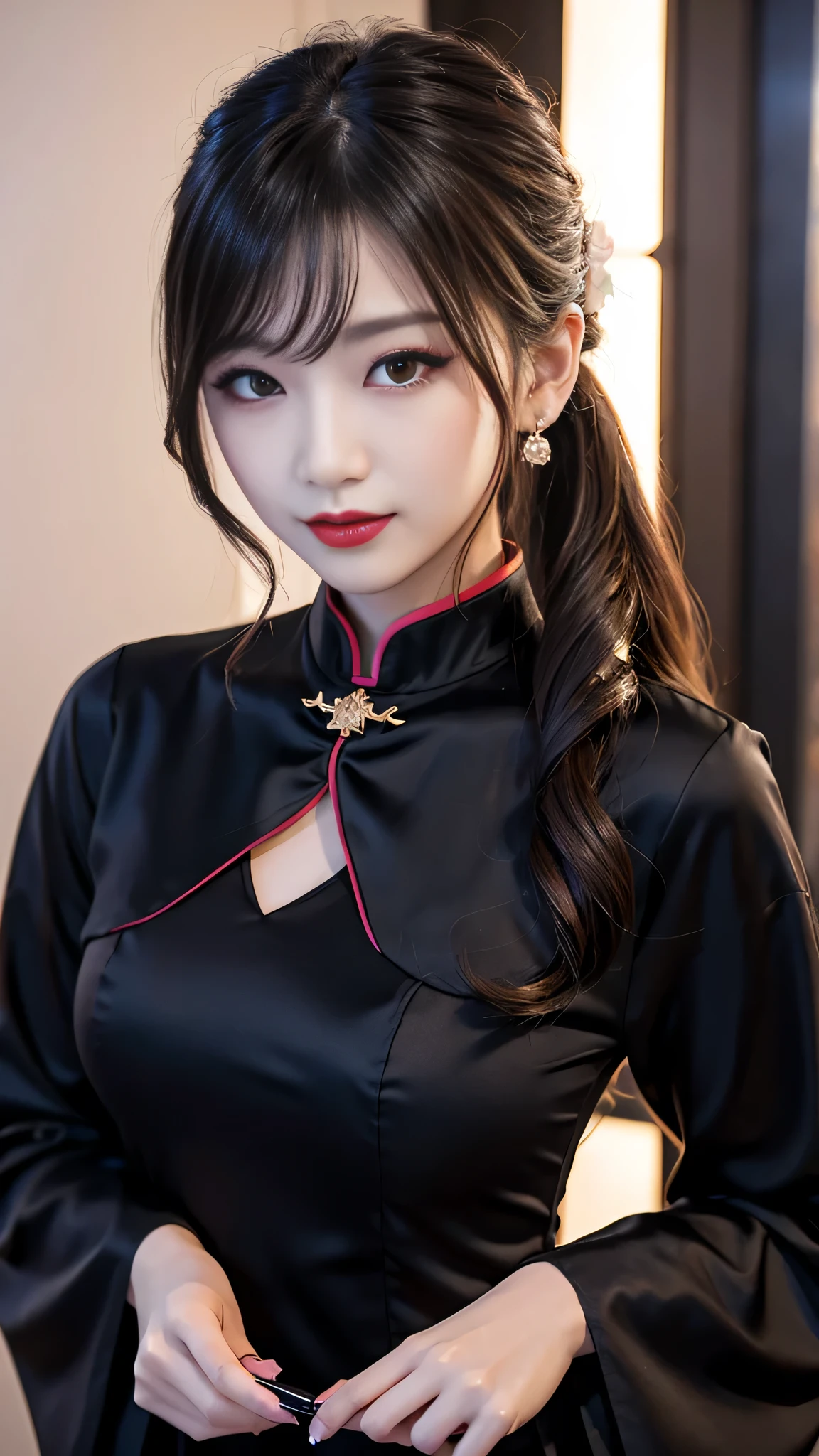 Super detailed、Japanese、charming beauty、seductive adult woman、Beautiful woman、sharp eyes、cool girl、wavy hair、side ponytail、long black cheongsam、wide sleeve、evilの幹部、evil depravity、brainwashing、Mind control、apply lipstick、grin、evilな表情、evil、empty eyes、evil、church at night、vampire、vampire、Hypnosia makeup brush