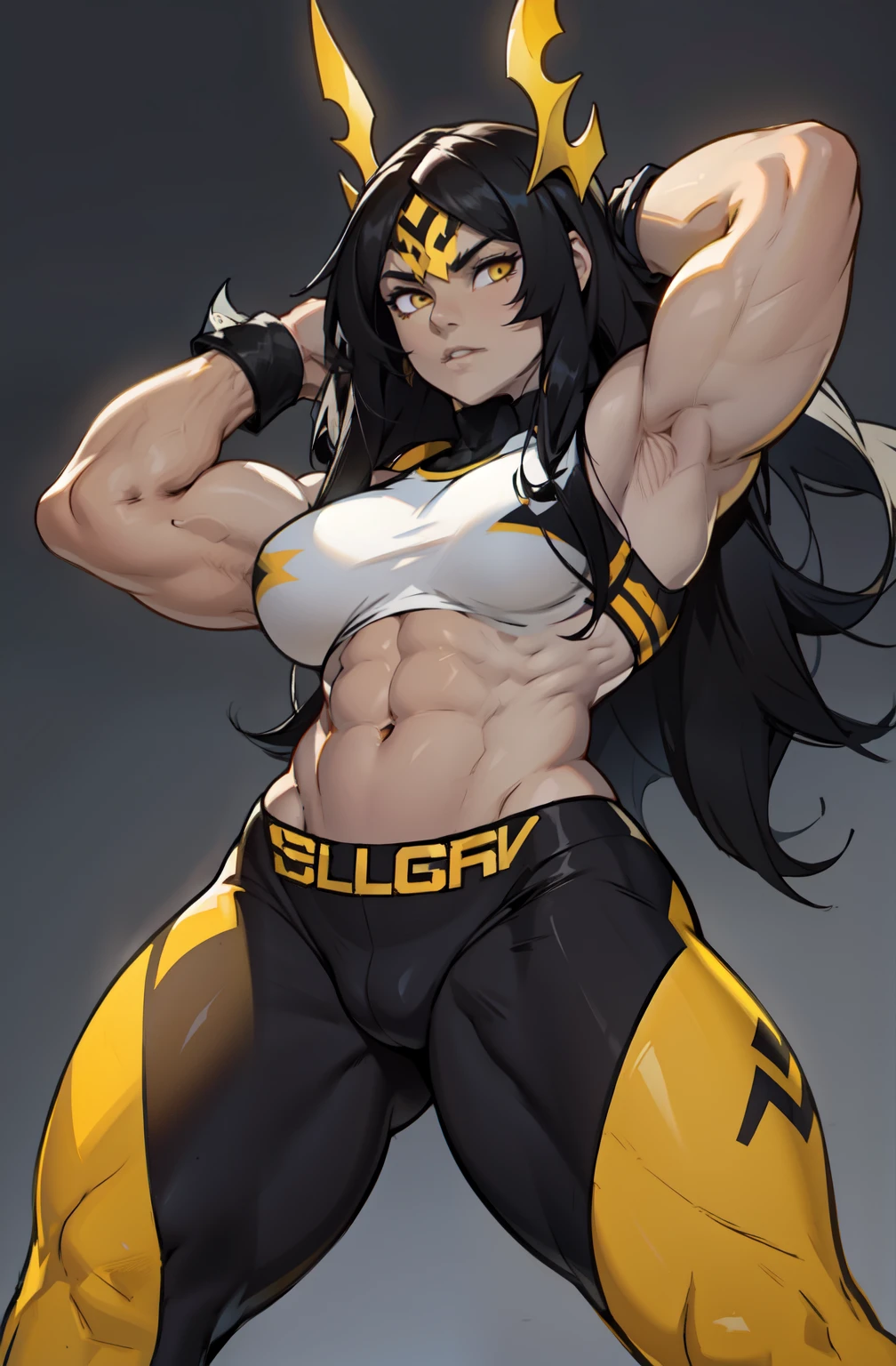 1girl pale skin muscular toned body black hair yellow eyes long hair huge muscles leggings muscles simple background ((from below)) breasts