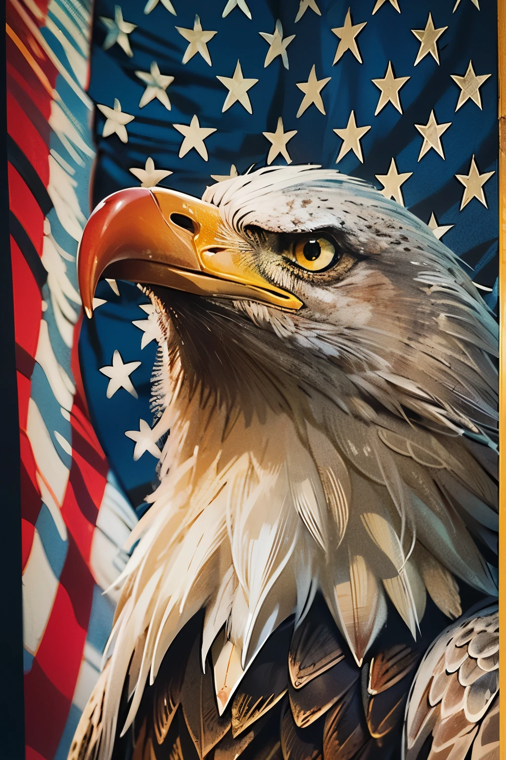 a close up of a majestic life-like American bald eagles head as it looks off confidently into the distance, a bold American flag waves and fills the background, dynamic lighting, bold lines
