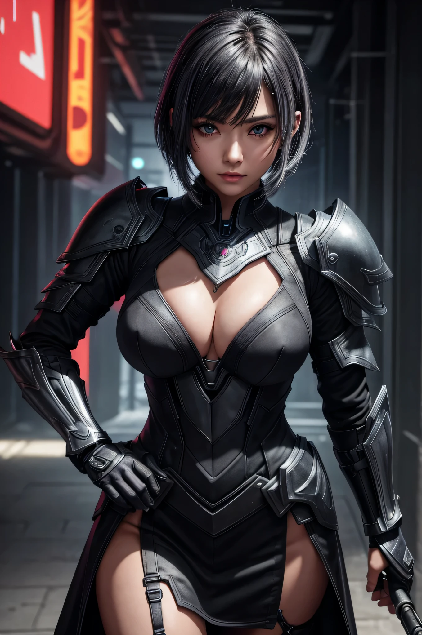 Highest image quality、8K Masterpiece、ultra high resolution、(Photorealsitic:1.3)、Raw photo、1 girl、silver hair、glowing skin、1 super beautiful cyberpunk soldier、((Super realistic details))、Portrait、global illumination、shadow、octane rendering、8K、ultra sharp、beautiful breasts、Raw skin exposed in cleavage、metal、cool color、very intricate details、realistic light、CG Society Trend、beautiful eyes、shining eyes、facing the camera、neon details、Dark Weapon, dark armor dress, show viewer, Dark Weaponを装備, dark colored gloves, hair between eyes, black dress, chest plate, black armor、short hair