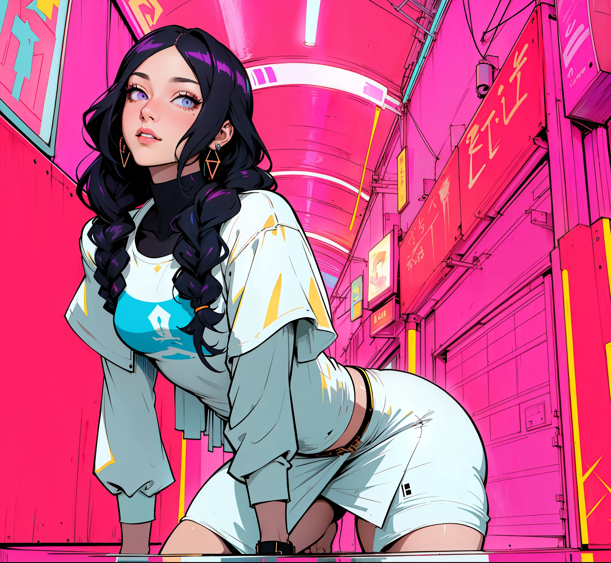 Full cyberpunk anime style, full white dress, illustration, Mona Lisa from Leonardo da Vinci, big hip, she has a unique style, her feet should be wide apart, about one foot away from each hip. her toes firmly on the wall and practice arching your back and hallowing it, creating the basic twerk move. His eyes are captivating, with long, well-defined eyelashes. Mona Lisa has flawless, glowing skin with slightly flushed cheekbones. Her lips are full and tightly contoured. She exudes a powerful and confident vibe with her unique look. 1girl, solo, colorful, cyberpunk, city, peace sign, earrings, neon, beautiful lighting, purple reflection, cap, character focus, cg illustration, night city, neon city, colorfully city in the background