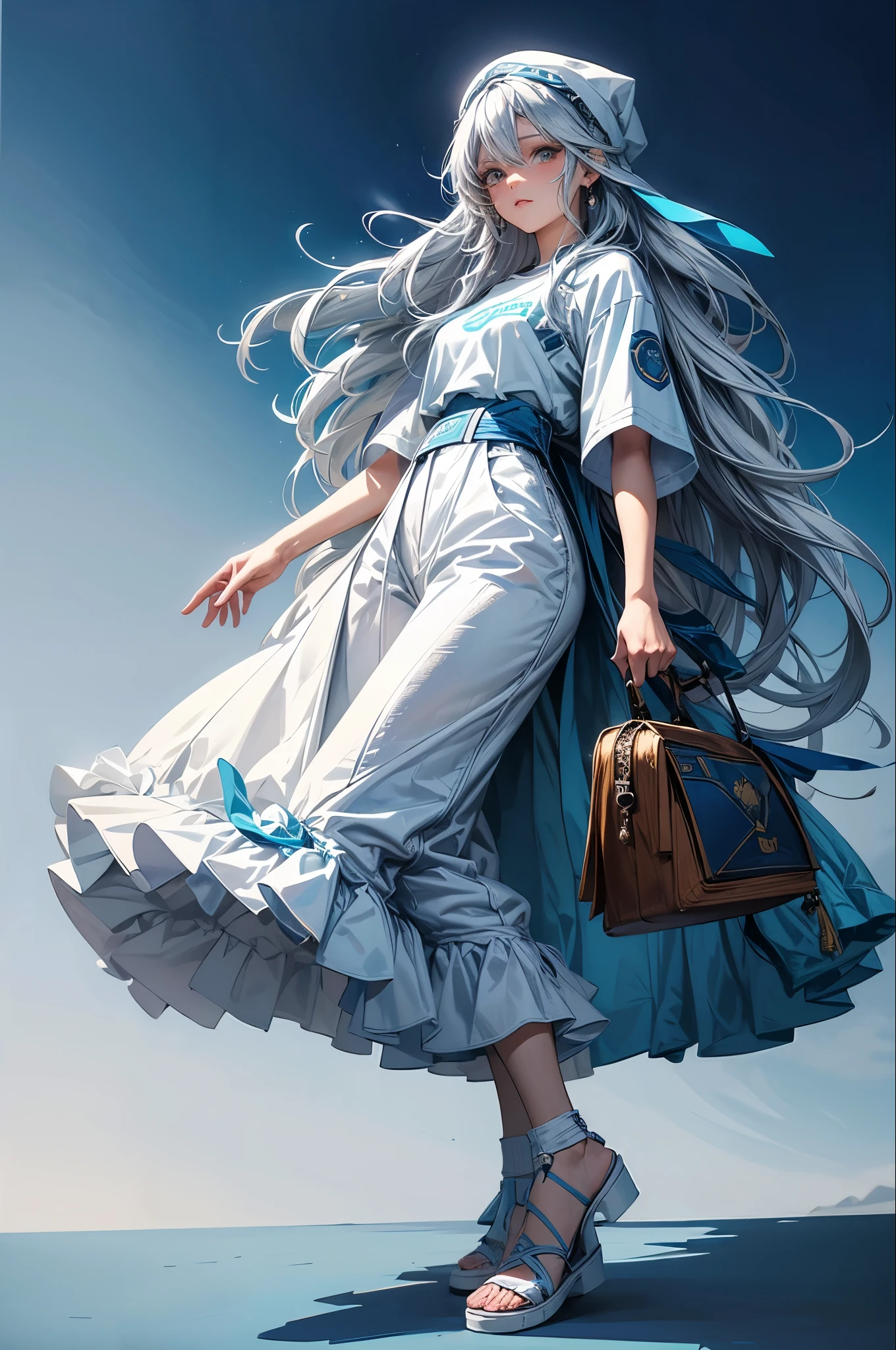 The image shows an illustration of a woman with a high hairstyle and loose locks, llevando gafas de sol amarillas y pendientes de cruz. Viste una chaqueta blanca ajustada con insignias y un par de guantes amarillos con estampado de tigre. He leans on the hilt of a katana with a yellow and black handle. El fondo es de un rojo vibrante que resalta la figura central. The illustration combines modern elements with traditional Japanese touches.