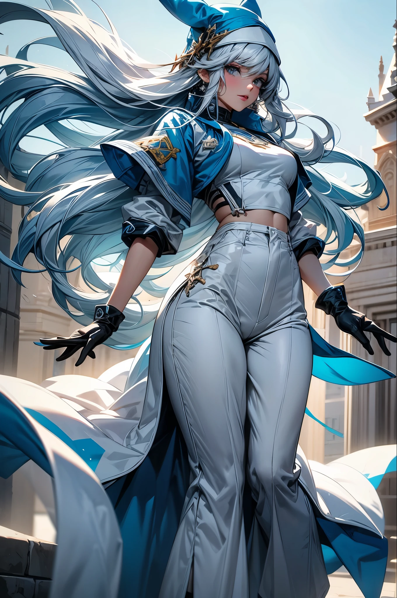 The image shows an illustration of a woman with a high hairstyle and loose locks, llevando gafas de sol amarillas y pendientes de cruz. Viste una chaqueta blanca ajustada con insignias y un par de guantes amarillos con estampado de tigre. He leans on the hilt of a katana with a yellow and black handle. El fondo es de un rojo vibrante que resalta la figura central. The illustration combines modern elements with traditional Japanese touches.
