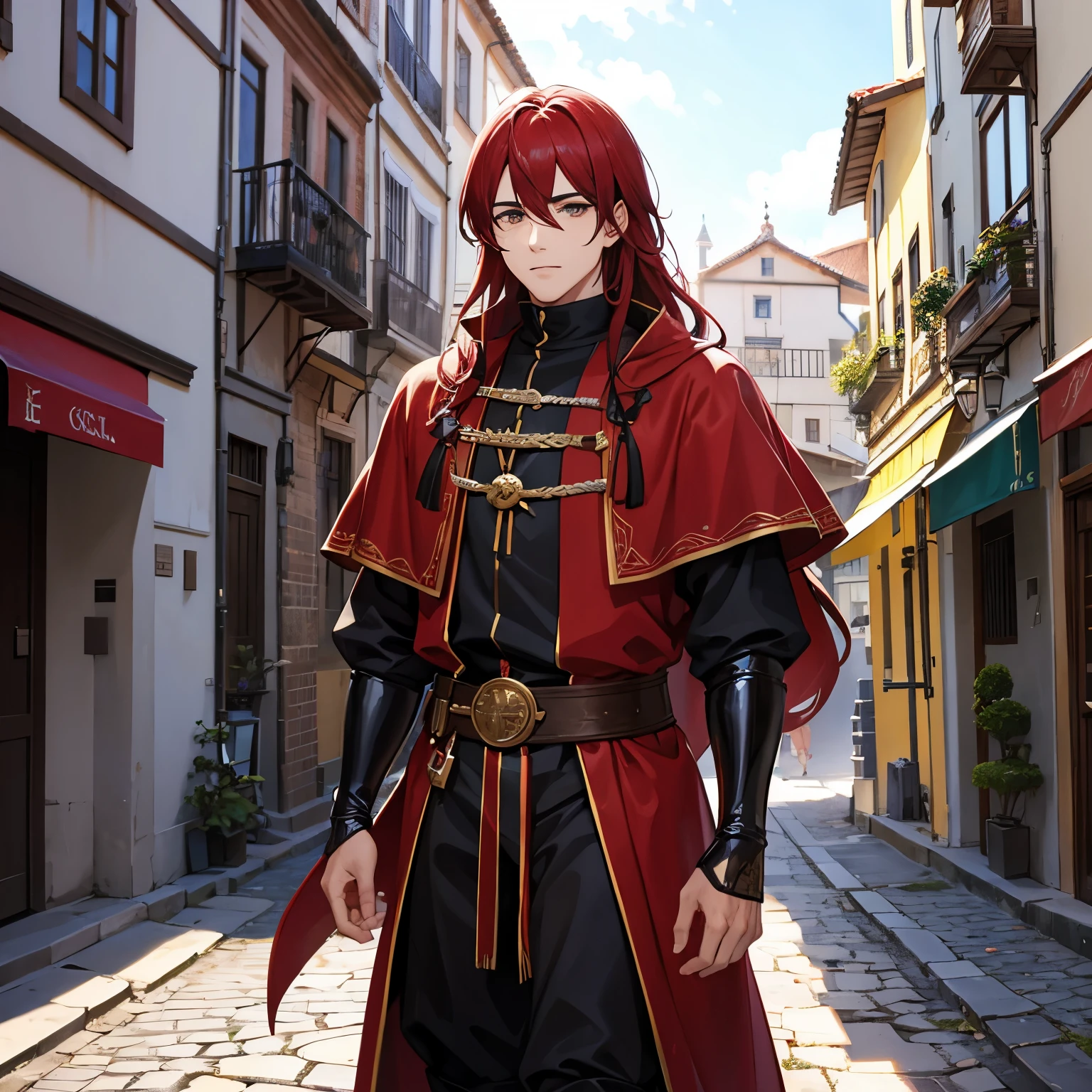 Um homem de cabelo vermelho e olhos azuis. he is in a medieval street