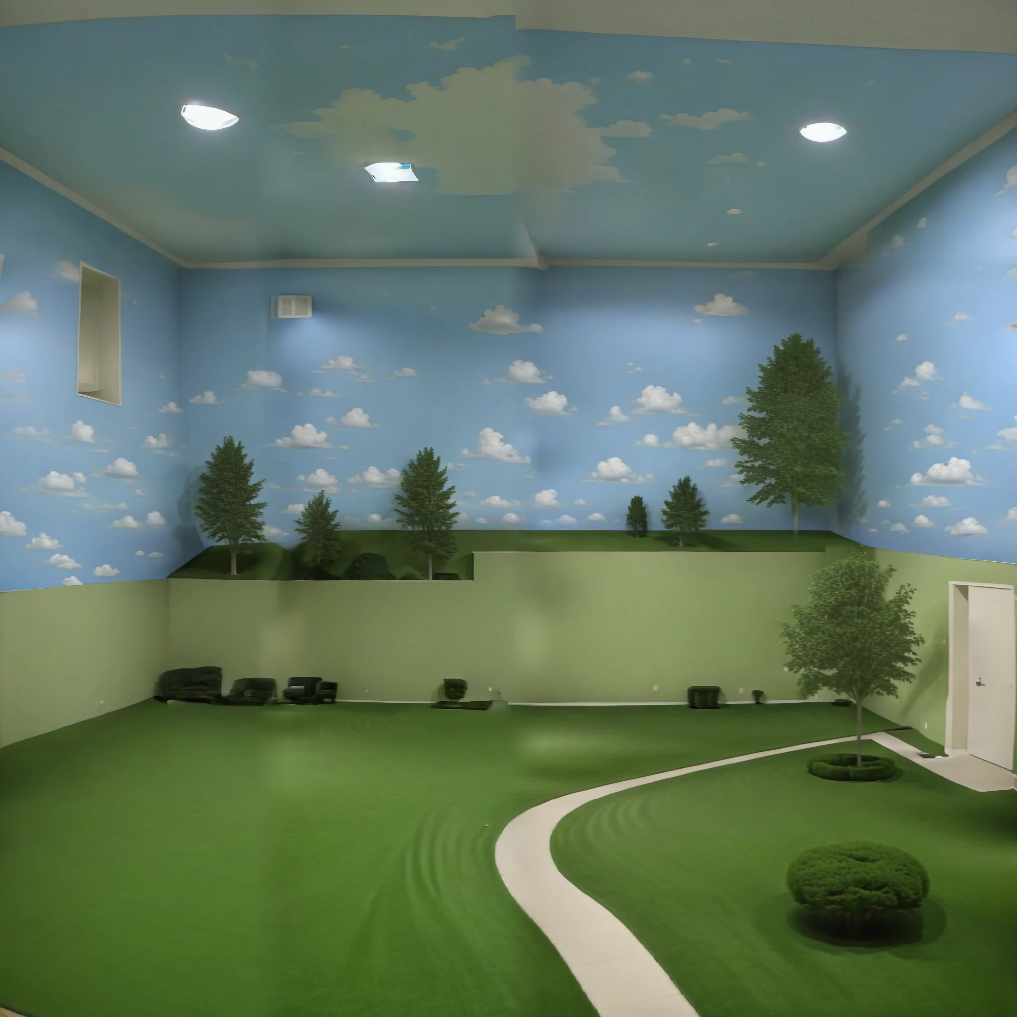 (indoors:1.3), forest, trees, plants, hedge, grass, fake sky painted on the wall
