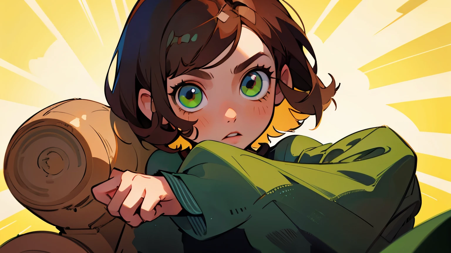 Girl with short black hair and green eyes talking to girl with long brown hair and green eyes, girl with short blonde hair and blue eyes, long blonde hair girl, brown eyes and girl with medium brown hair and brown eyes