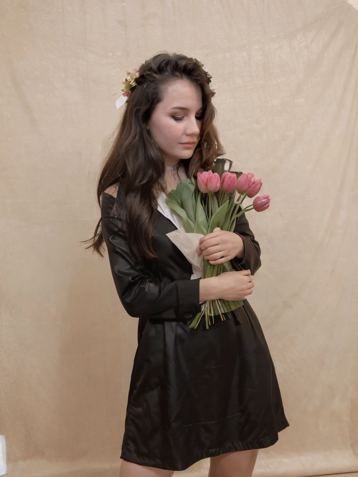 In the hands of a girl there is a very large bouquet of tulips, 23 pieces. , many tulips
