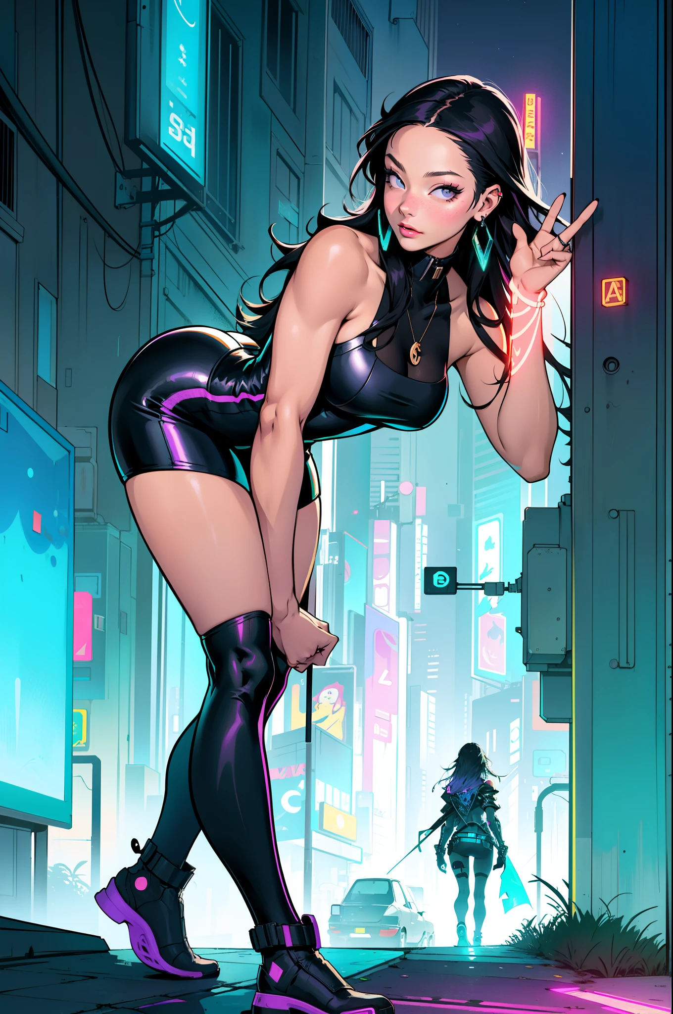 night city, neon city, colorful city in the background, Full cyberpunk anime style, illustration, Mona Lisa from Leonardo da Vinci, big hip, she has a unique style, her feet should be wide apart, about one foot away from each hip. her toes firmly on the wall and practice arching your back and hallowing it, creating the basic twerk move. His eyes are captivating, with long, well-defined eyelashes. Mona Lisa has flawless, glowing skin with slightly flushed cheekbones. Her lips are full and tightly contoured. She exudes a powerful and confident vibe with her unique look. 1girl, solo, colorful, cyberpunk, city, peace sign, earrings, neon, beautiful lighting, purple reflection, cap, character focus, cg illustration, night city, neon city, colorfully city in the background
