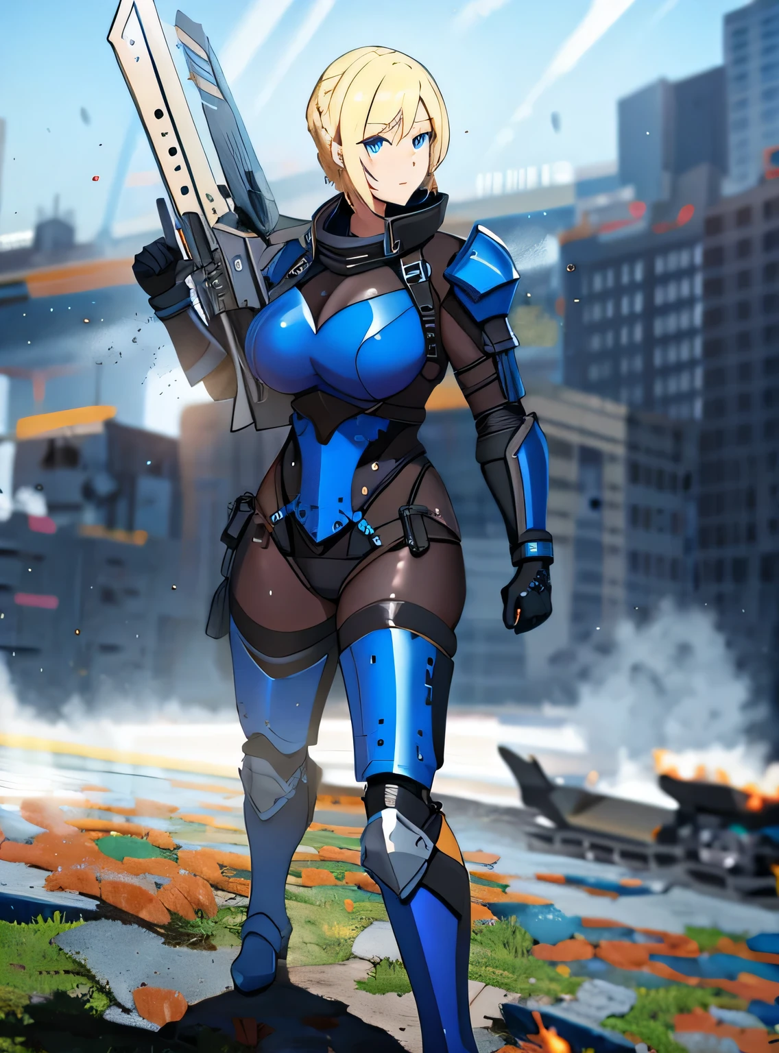 blonde hair,  blue eyes, gigantic breasts, black armor