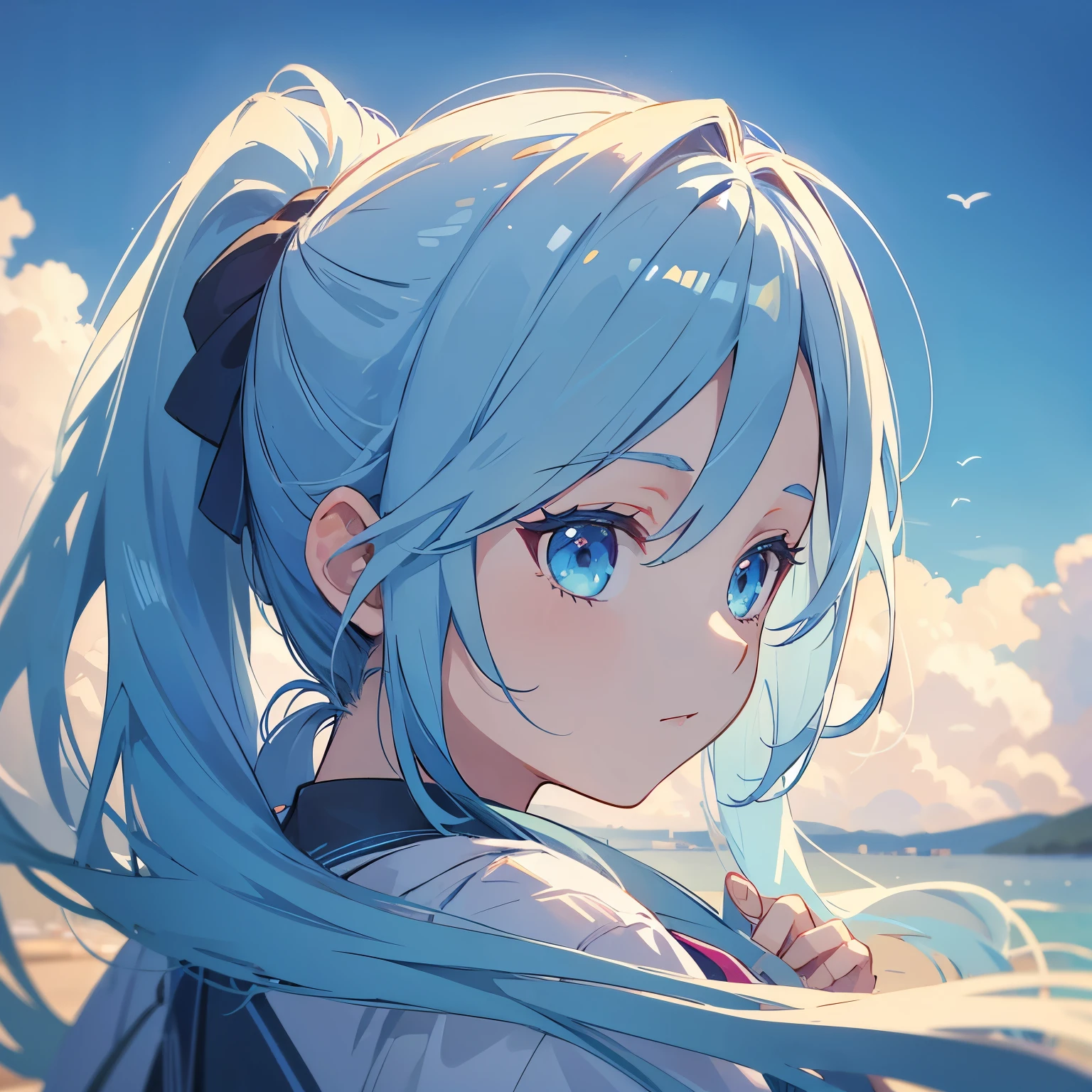 1girl,Best Quality,Masterpiece,Light blue hair, almost blue,long hair,ponytail,Front view