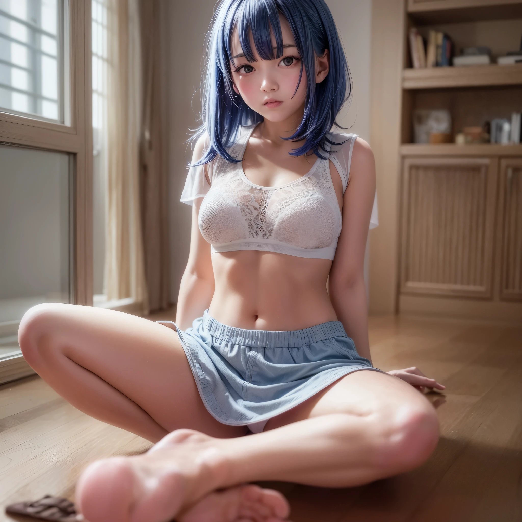 masterpiece, best quality, highres, absurdres, 8k, 4k, official art, 1girl, young girl, blue hair, short hair, lotus position, small white t-shirt, very small Miniskirt, white panties, A cup breasts, high school girl,