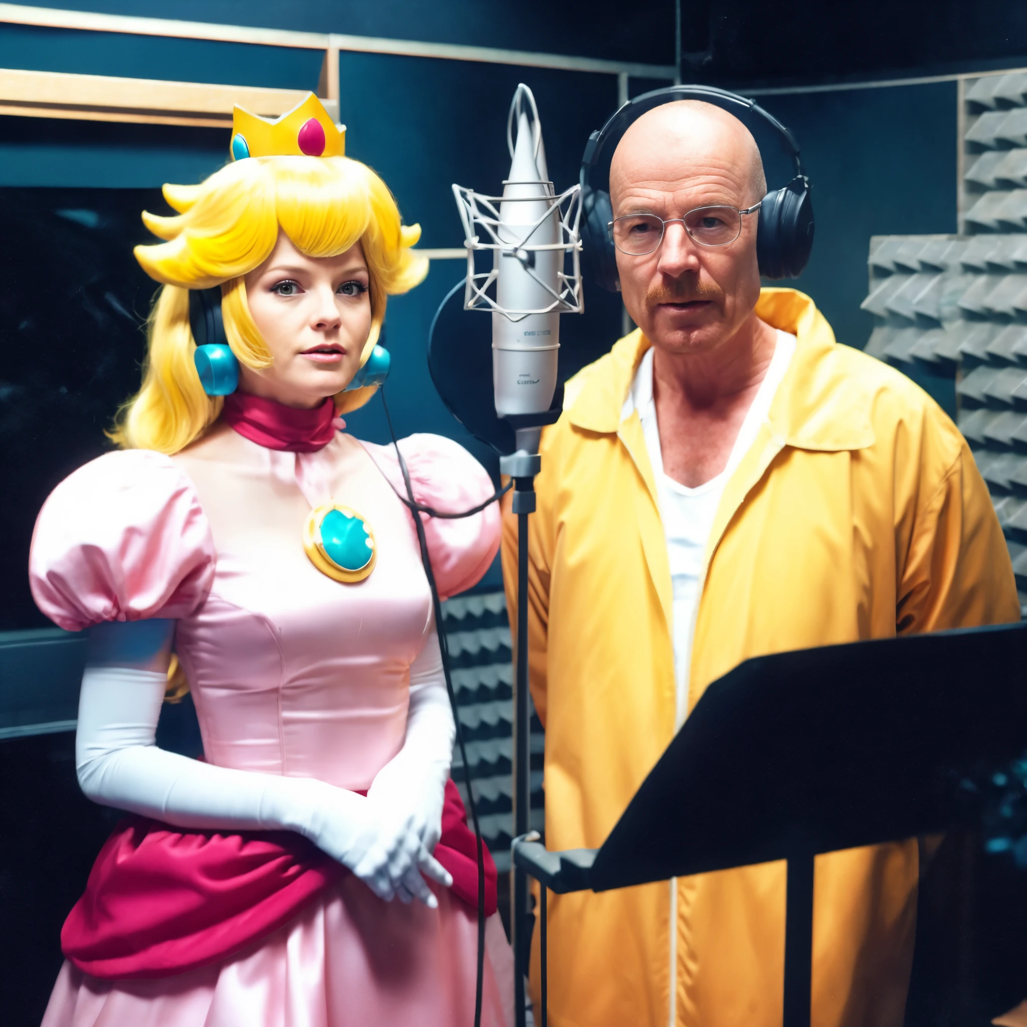 a blonde woman dressed as Princess Peach standing next to Walter White, both are recording vocals in a vocal booth, VHS low quality footage style