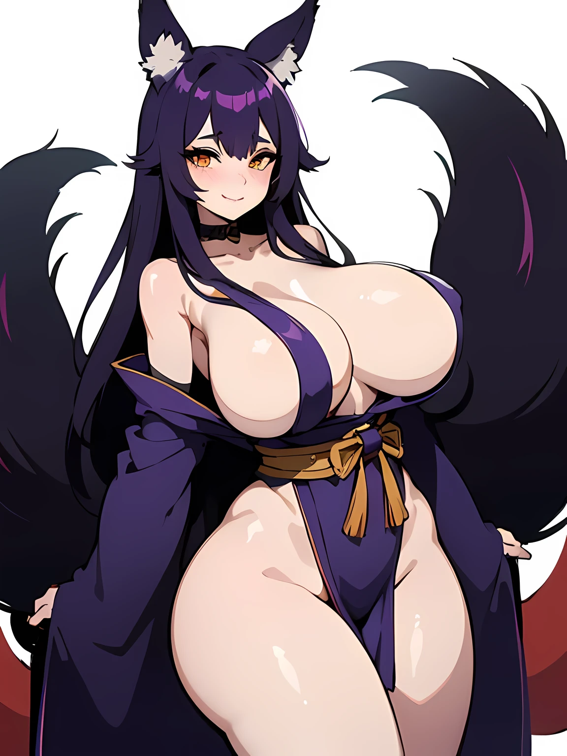 1 girl, long dark purple hair, fox ears, only fox ears, golden eyes, extremly detailed eyes, extremly detailed, blushing, (face perfect:1.1), (high detal:1.1), top-quality, huge breasts, sexy and seductive, wearing black and purple erotic kimono, tall women, long flufy nine fox tails, multiple tails, thicc thighs, wide hips, smile, horny, absurdes, high res, ultra sharp, 8k, masterpiece, looking at viewer