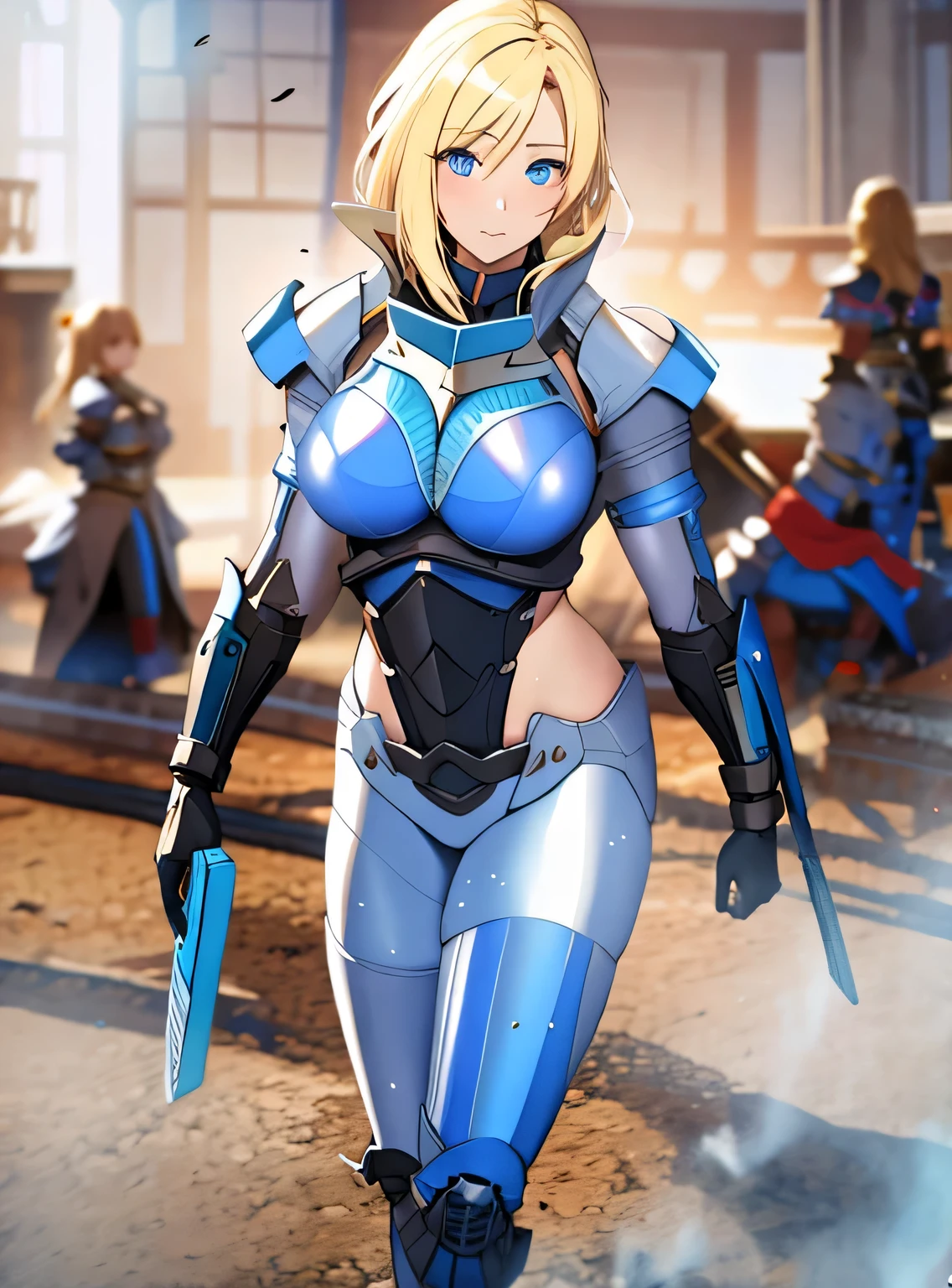 blonde hair, blue eyes, gigantic breasts, black armor