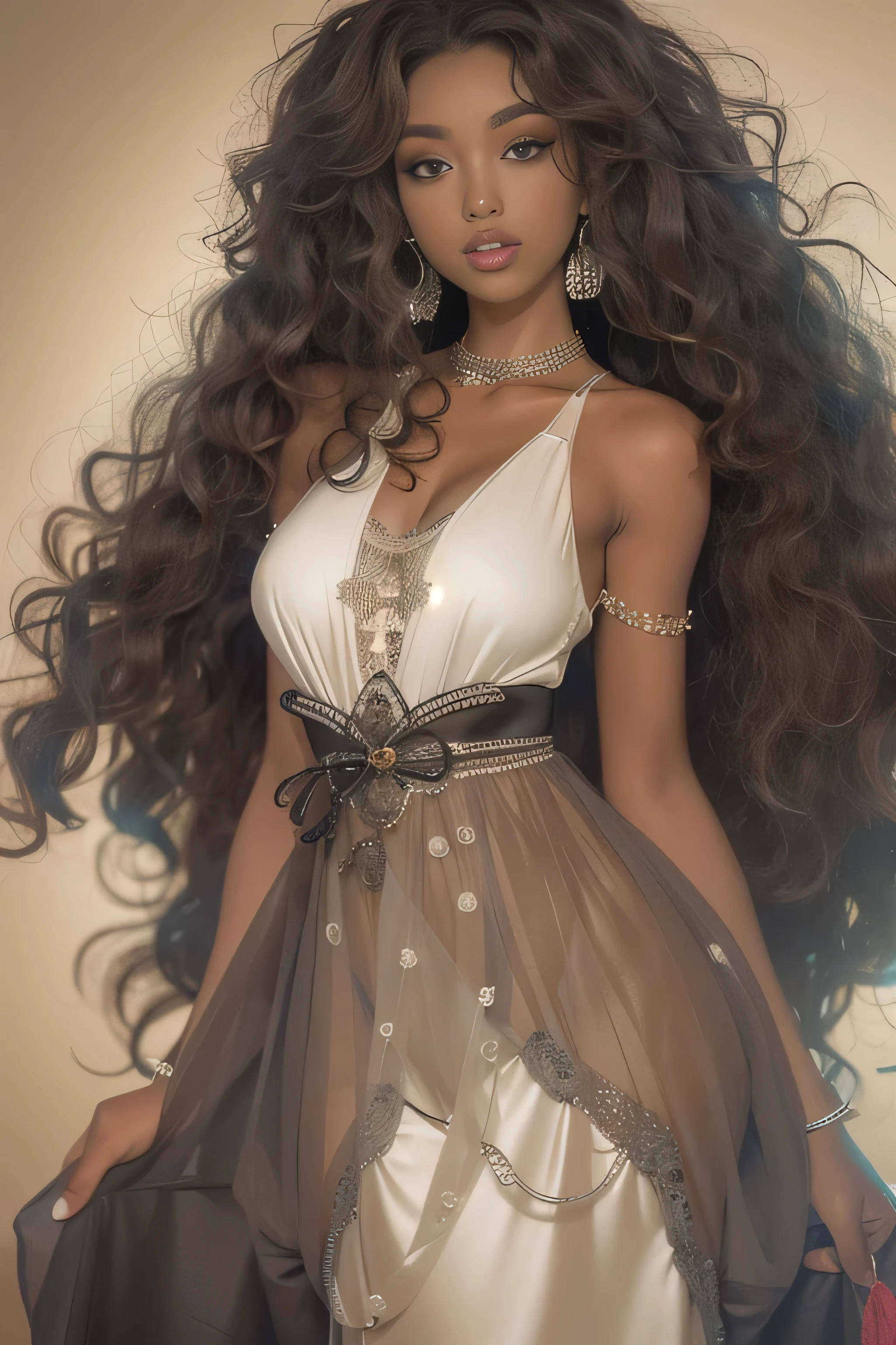 masterpiece, best quality, 1 girl, solo, beautiful African and Asian mixed 19 year old, ebony skin female, long, frizzy, curly dark hair, perfect face, long hair,
