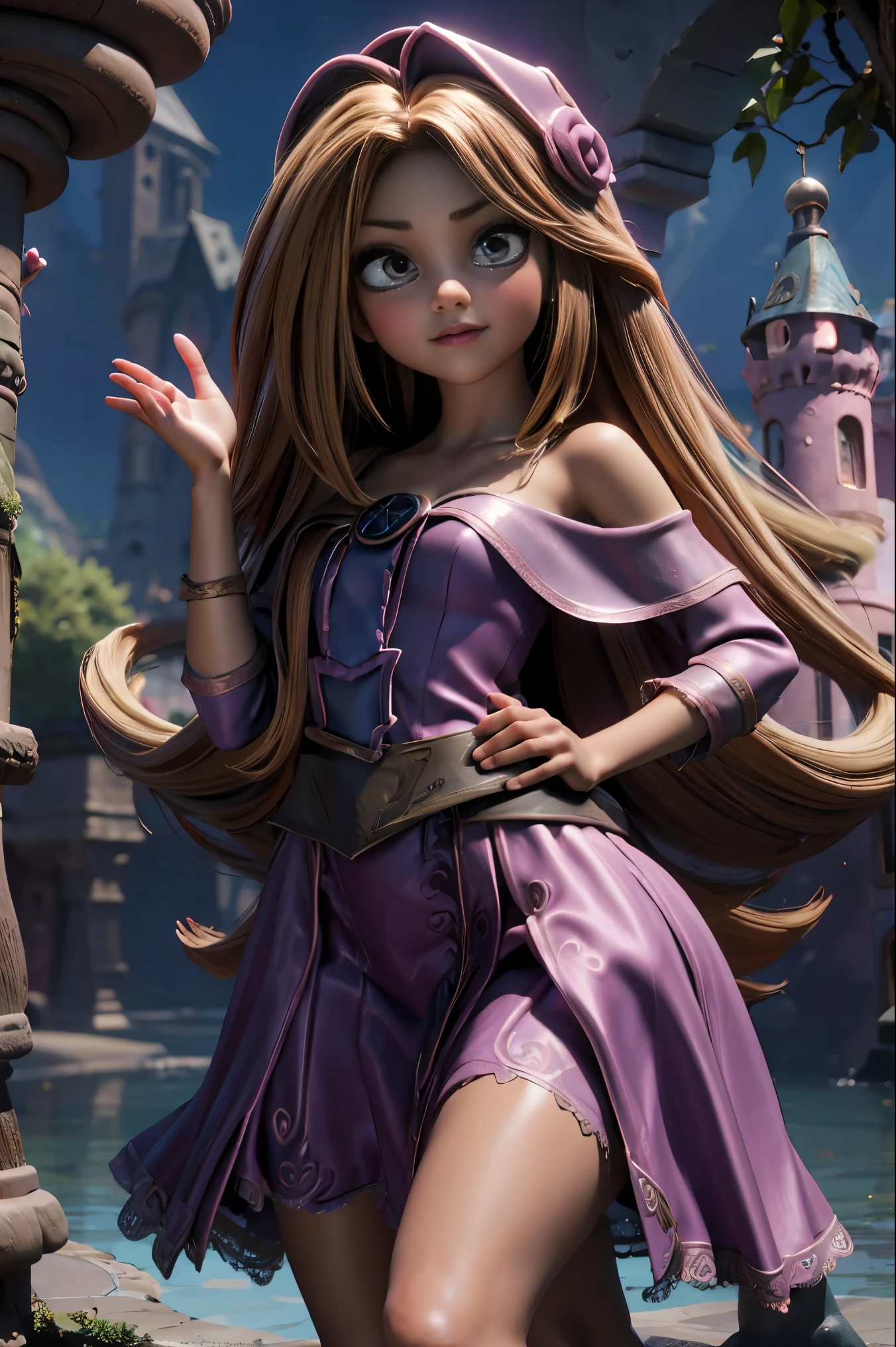 Dark magician gils como Rapunzel .. cabello largo hasta los pies de color dorado. Ojos verdes. labios rosados. Peinando su cabello largo y dorado. Pose sexy y inocente. Fairy tale tower background