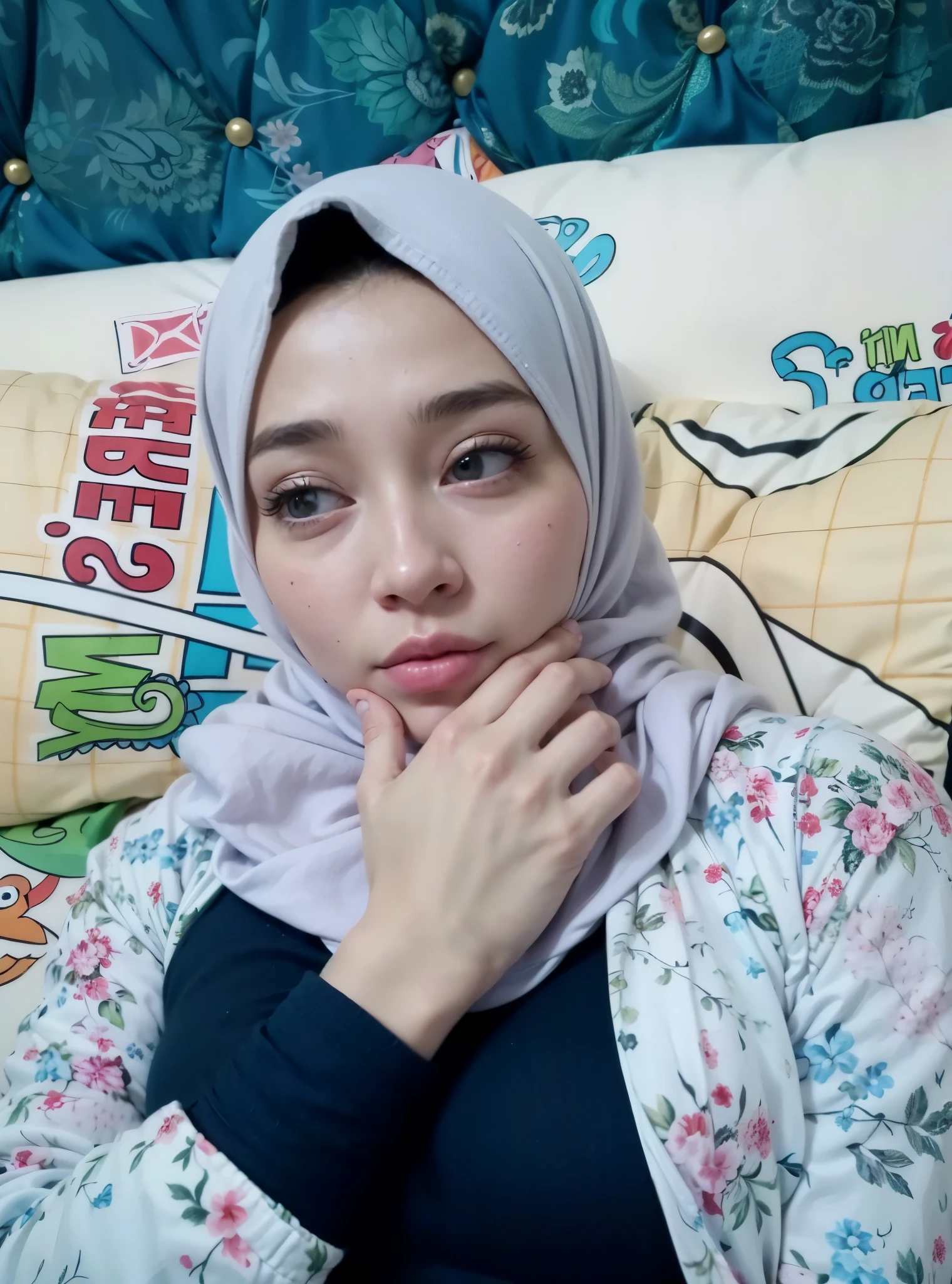 masterpiece, (ultra-high-definition portrait:1.4), Realistic, extremely detailed, CG unified, 8k, Clean lines, highly detailed, High-definition, raw color photos, she is smiling, Realistic portrait, Cinematic Light, Beautiful detailed, 1hijabgirl indonesian, (165cm tall, with very very tight clothes:1.5), Beautiful big breastsetails, very (Biggorgeous eyes, pouting lips with side eyes:1.5), (Fine face, Fine Fingers, Beautiful side eyes:1.4), Close up of a girl in Beautiful clothes with errcted nipple, biggorgeous eyes, Sofe, scarf, (Beautiful Tight Clothing with curvaceous body:2), pose 4 of 1 6, Undress, No bra, (nipples that are clearly sticking oil:1.2), Outdoors, high intricate detailed, float, cum on, Sense of truth, beautiful landscaporest, sexy lighting,