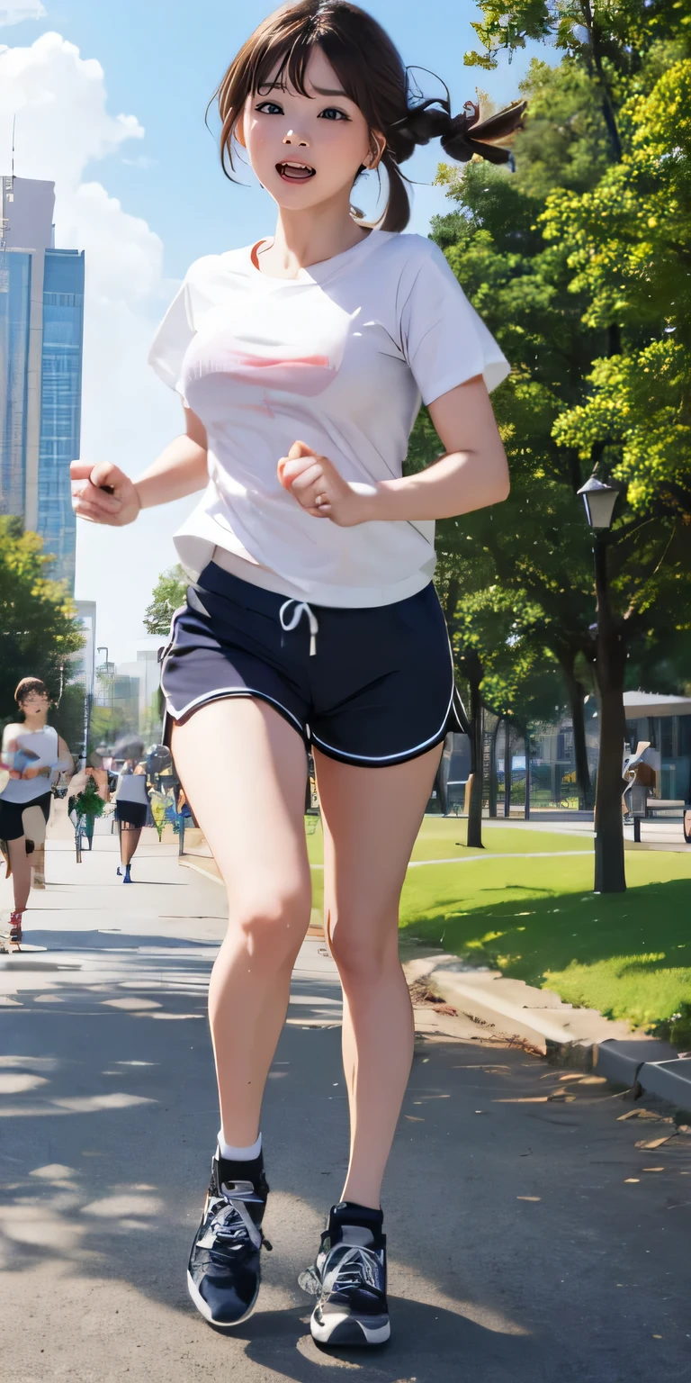 high-definition image, eyes realistic sizing, smiling, ecstasy face, running, short t-shirt, tight thin shorts, braid, wireless earphones, sneakers,
in the park, pond, skyscrapers,