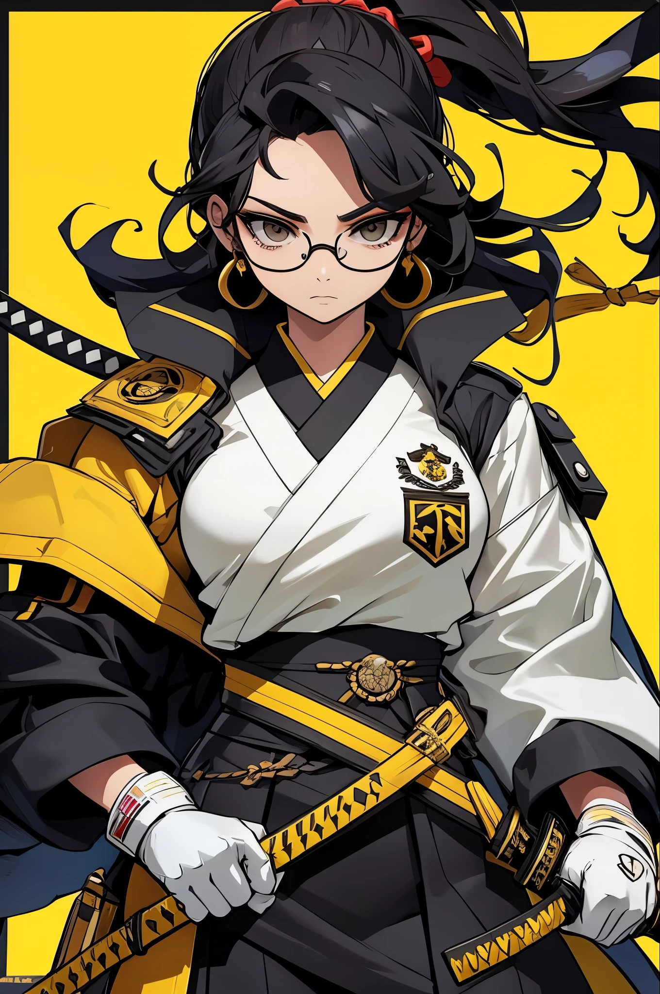 The image shows an illustration of a woman with a high hairstyle and loose locks, llevando gafas de sol amarillas y pendientes de cruz. Viste una chaqueta blanca ajustada con insignias y un par de guantes amarillos con estampado de tigre. He leans on the hilt of a katana with a yellow and black handle. El fondo es de un rojo vibrante que resalta la figura central. The illustration combines modern elements with traditional Japanese touches.