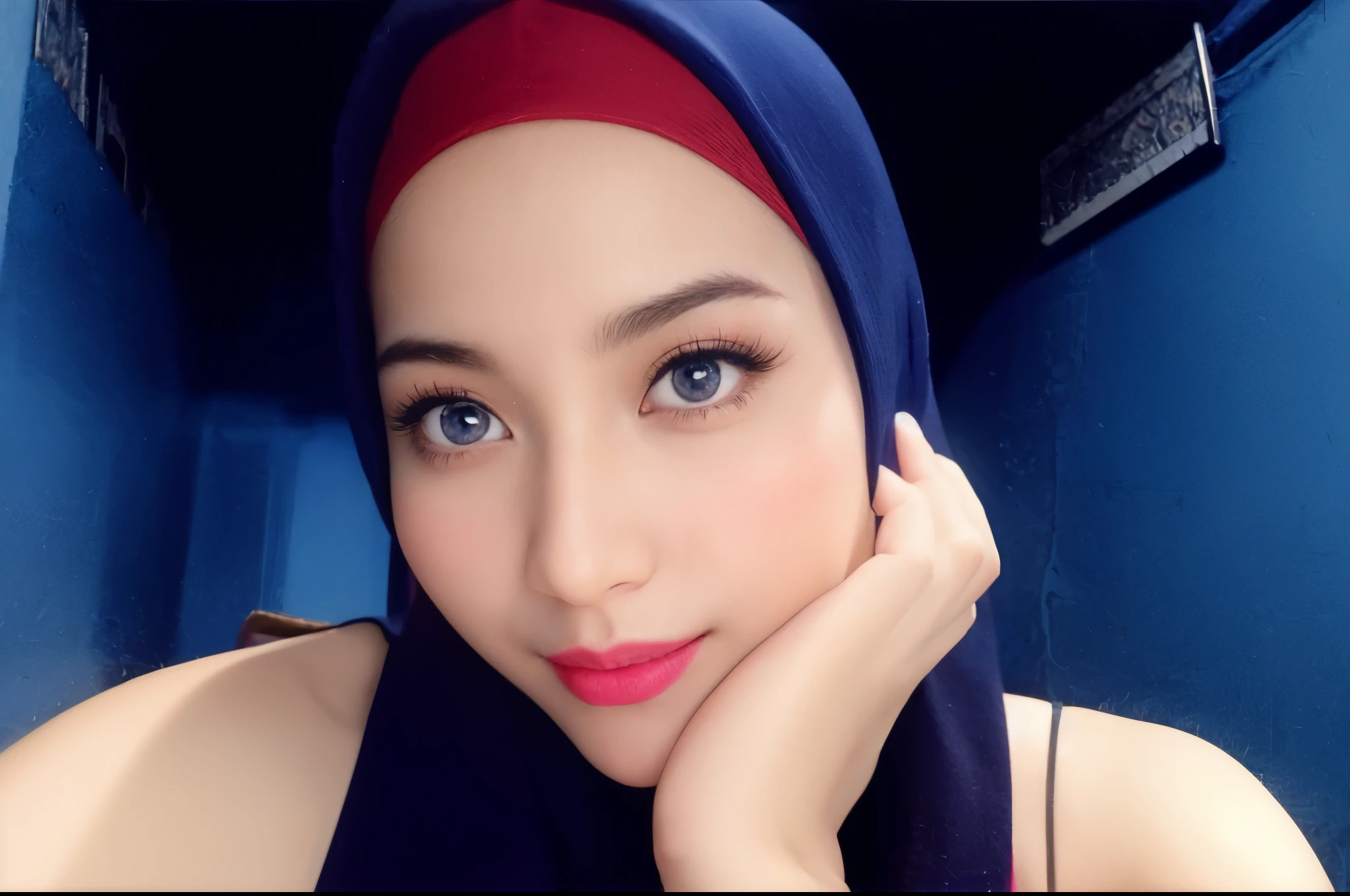 cinematic style, 8k, RAW photo, photo-realistic, masterpiece, best quality, extremely detailed, intricate details, High quality texture, detailed texture, colorful, professional lighting, radiosity, photon mapping, physically-based rendering, High quality shadow, Ray tracing, beautiful detailed face, beautiful detailed eyes, beautiful detailed lips, extremely detailed hijab, youthful appearance, seducing face, erotica, cleavage, big breast, nipple bulge, closed lips, watches,