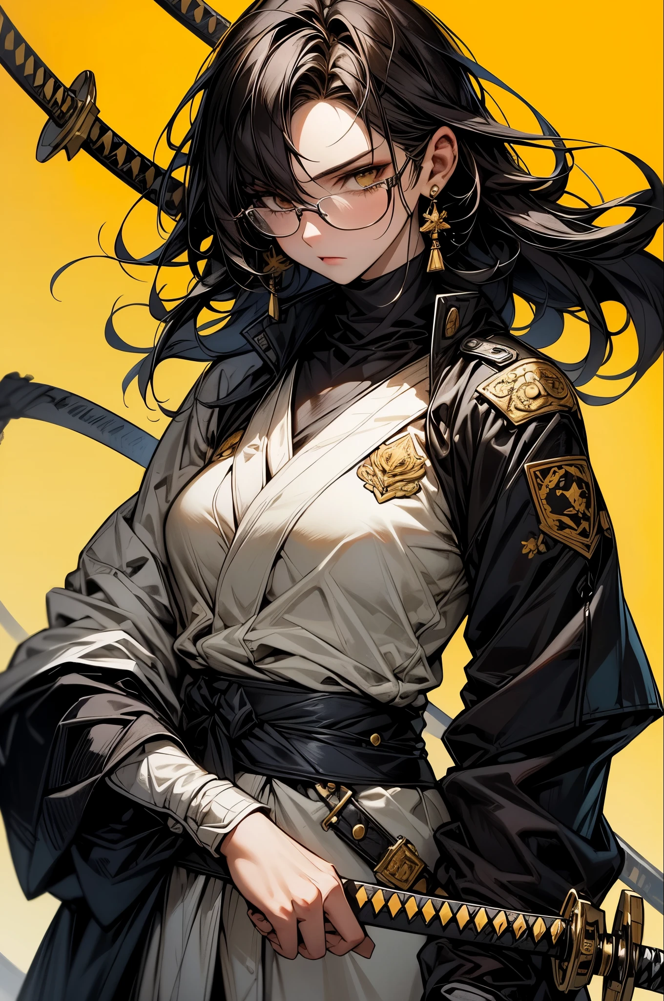 The image shows an illustration of a woman with a high hairstyle and loose locks, llevando gafas de sol amarillas y pendientes de cruz. Viste una chaqueta blanca ajustada con insignias y un par de guantes amarillos con estampado de tigre. He leans on the hilt of a katana with a yellow and black handle. El fondo es de un rojo vibrante que resalta la figura central. The illustration combines modern elements with traditional Japanese touches.
