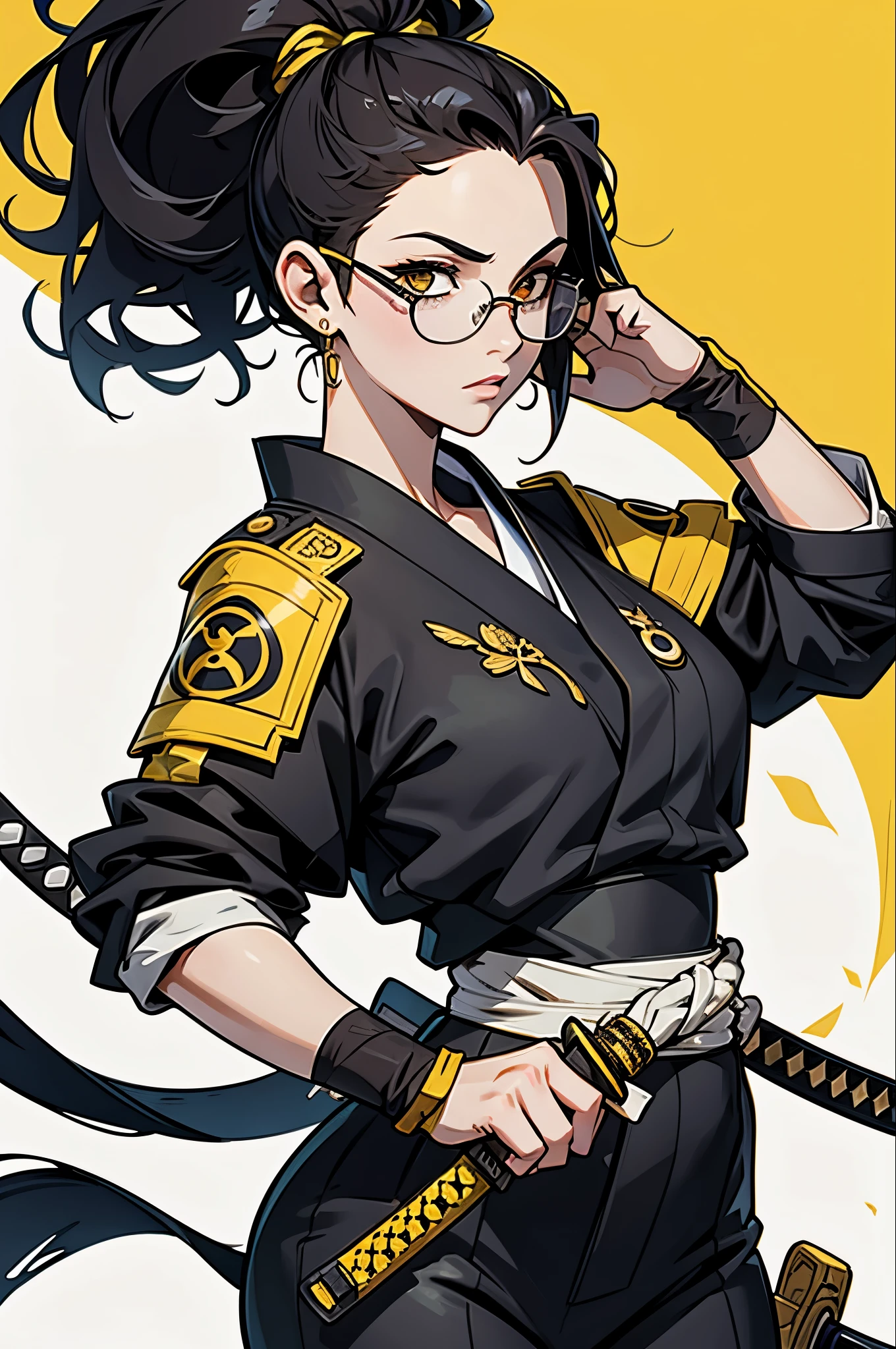 The image shows an illustration of a woman with a high hairstyle and loose locks, llevando gafas de sol amarillas y pendientes de cruz. Viste una chaqueta blanca ajustada con insignias y un par de guantes amarillos con estampado de tigre. He leans on the hilt of a katana with a yellow and black handle. El fondo es de un rojo vibrante que resalta la figura central. The illustration combines modern elements with traditional Japanese touches.