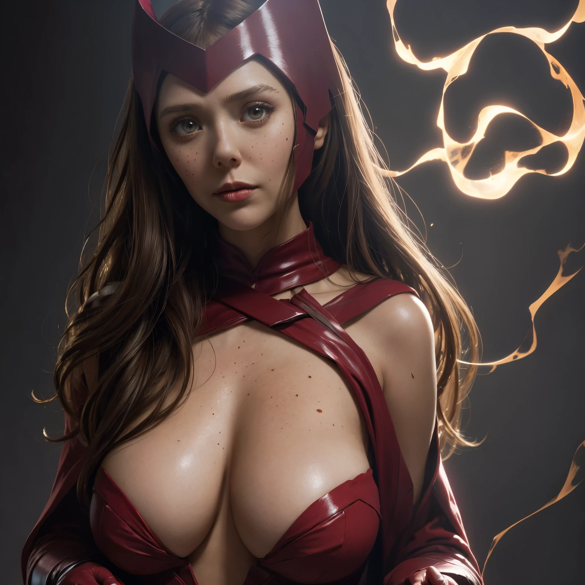 Scarlet witch played by Elizabeth Olsen, huge breast, downblouse, sexy thick woman, freckles, beautiful face, beutiful eyes, Scarlet witch costume, magical powers, dark background, close up shot, epic realism, extremely detailed, extremely realistic, artistic, painting, 4k texture